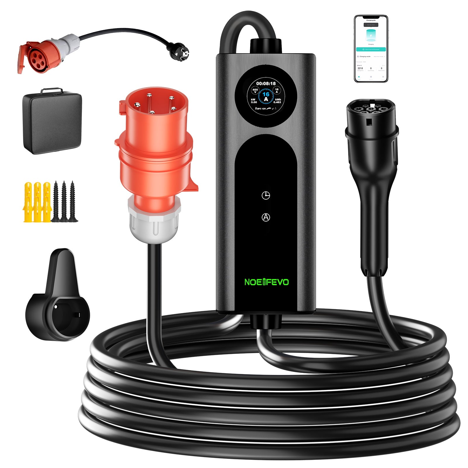 NOEIFEVO 2026 Pro siirrettävä seinälatauslaite 11 kW, sovellus, sähköauton CEE 16A - Type 2 -latauskaapeli, 3-vaiheinen EV-laturi kaikille EV:ille (IEC 62196-2) ja PHEV:ille