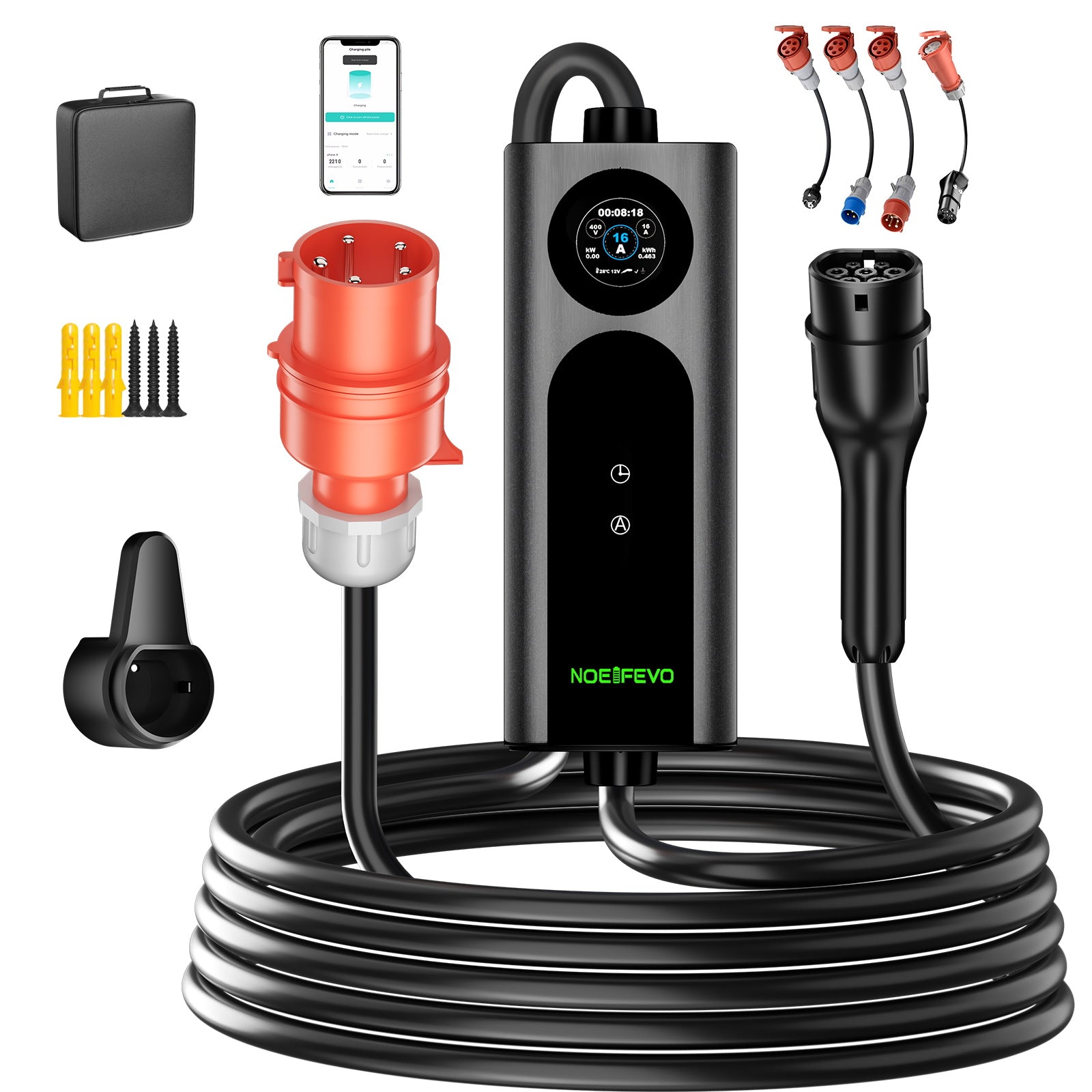 NOEIFEVO 2026 Pro siirrettävä seinälatauslaite 11 kW, sovellus, sähköauton CEE 16A - Type 2 -latauskaapeli, 3-vaiheinen EV-laturi kaikille EV:ille (IEC 62196-2) ja PHEV:ille