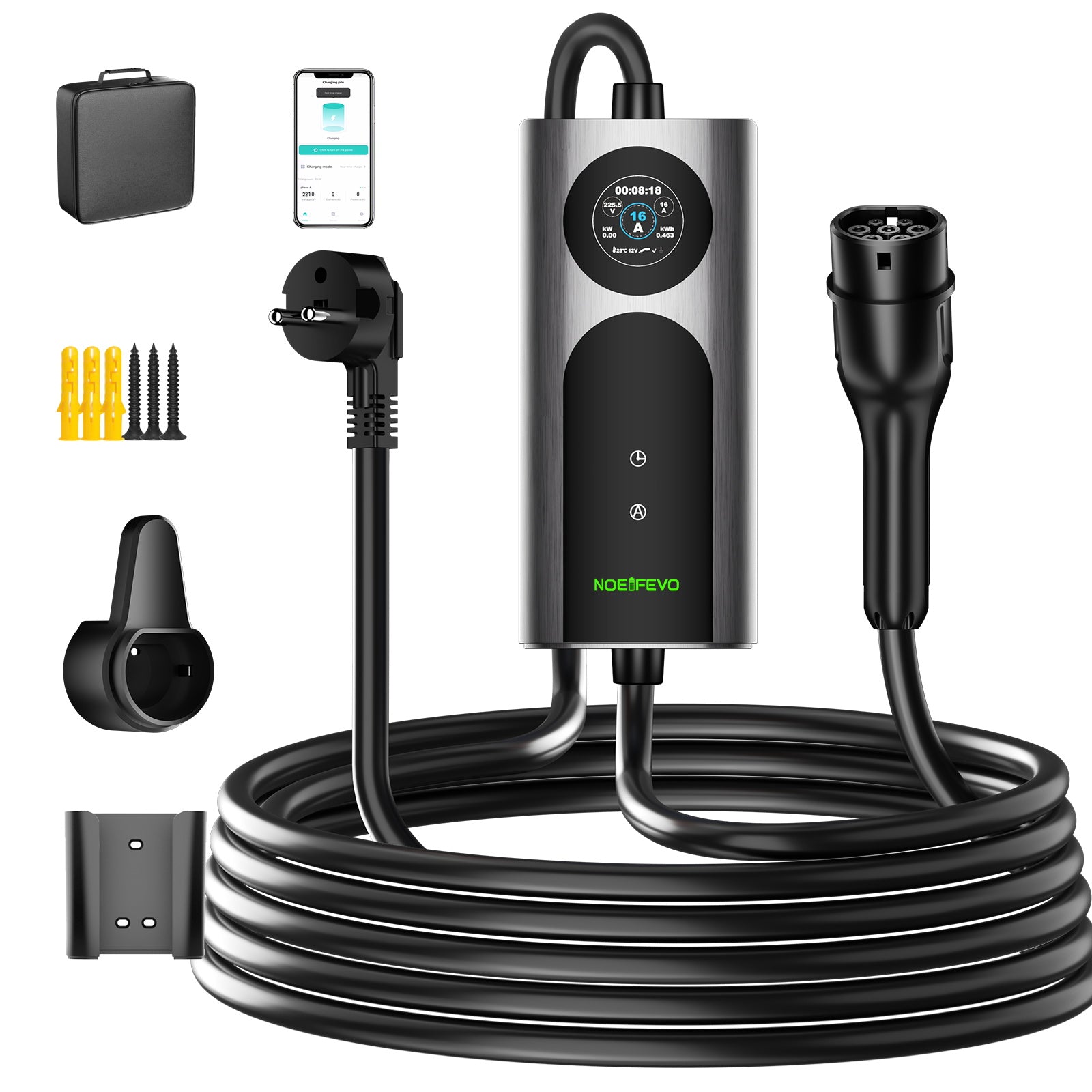NOEIFEVO CY01 Type 2 Ladekabel Schuko 220V, 3,7kW Mobil Wallbox med APP, 6-16A 1-faset Ladekabel til Alle Elbiler (IEC 62196-2) & PHEVS