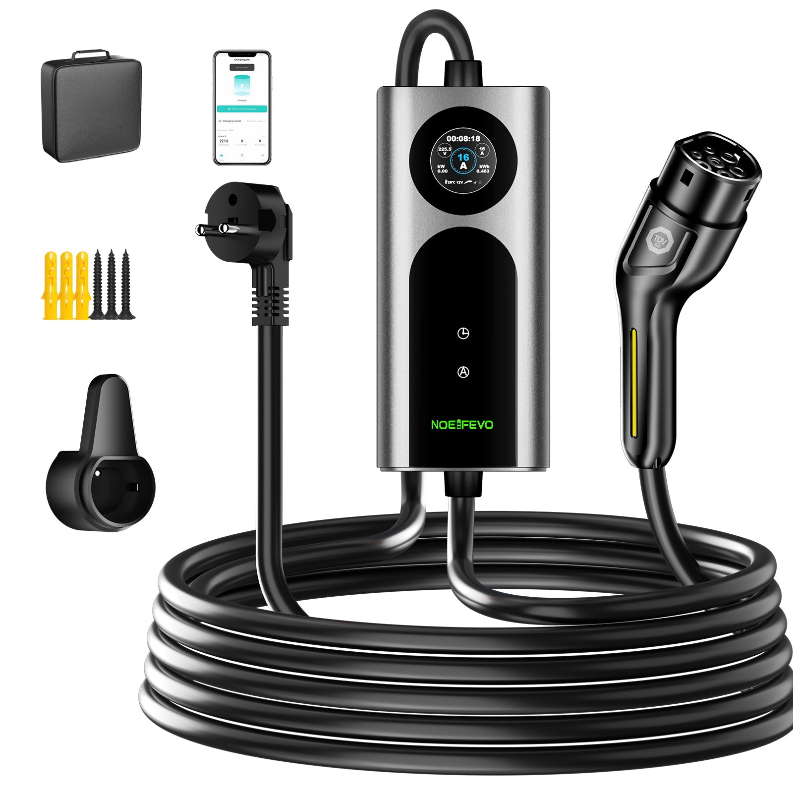 NOEIFEVO CY01 Typ 2 latauskaapeli Schuko 220V, 3,7kW mobiili seinälatauslaite sovelluksella, 6–16A 1-vaiheinen latauskaapeli sähköautoille (IEC 62196-2) & PHEV:ille