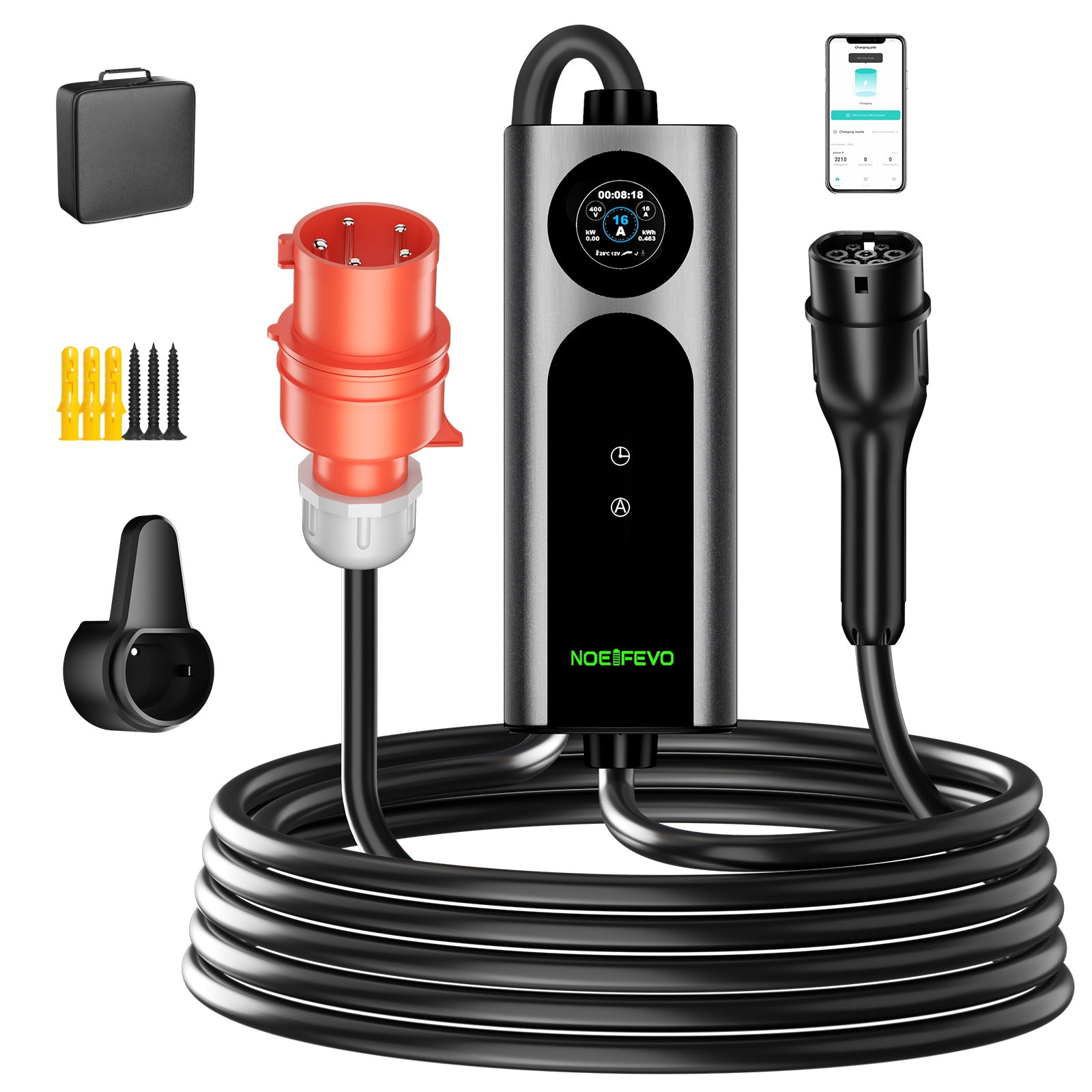 Noeifevo Typ2 Mobil EV Wallbox, 11KW 3-faset CEE16A Justerbar ladningsstyrke EV-lader, 5m/10m/15m EV-ladekabel til Model Y/3, ID.3/4/5, MG4, EX30, e-up, e-tron, Zoe og andre EV.
