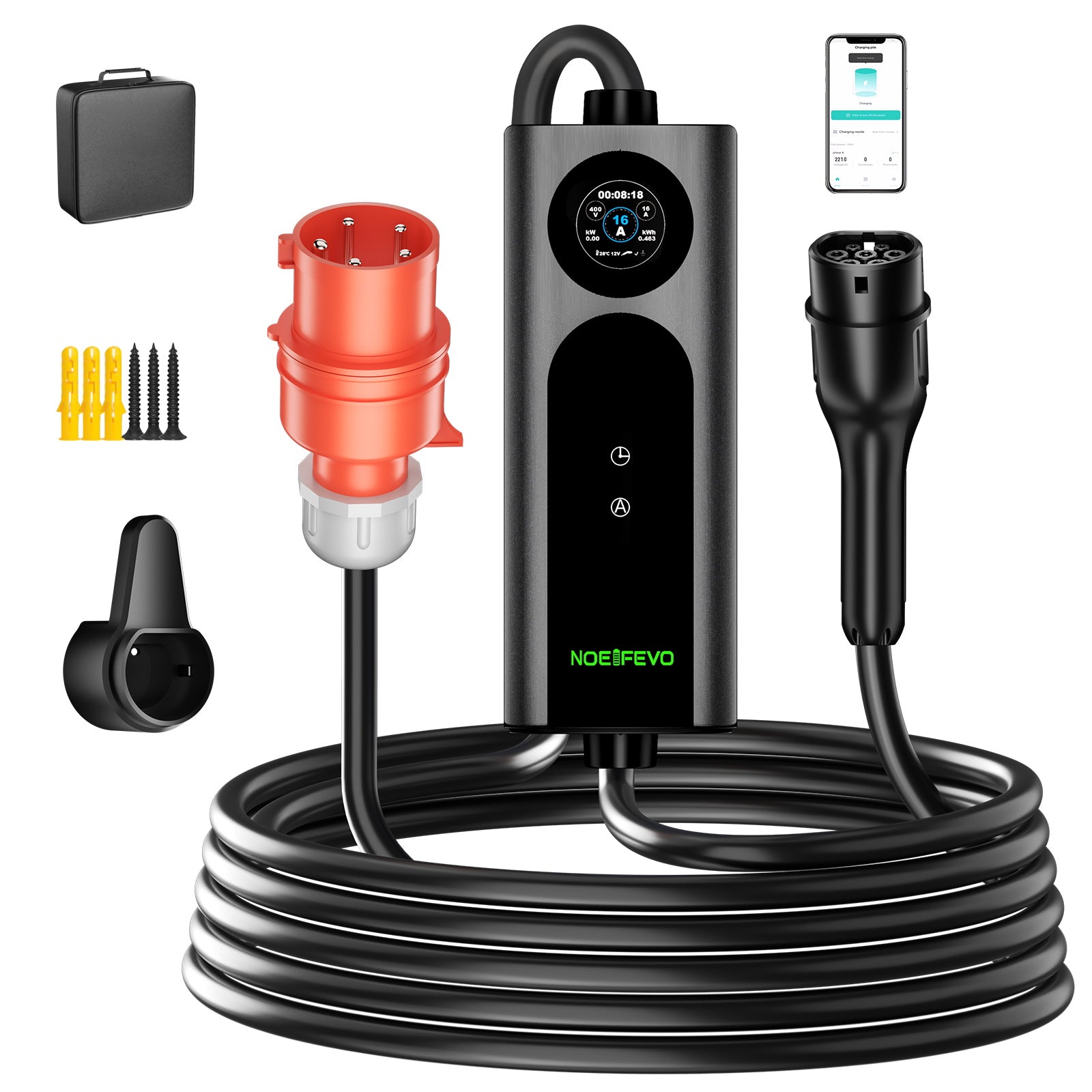 NOEIFEVO 2026 Pro siirrettävä seinälatauslaite 11 kW, sovellus, sähköauton CEE 16A - Type 2 -latauskaapeli, 3-vaiheinen EV-laturi kaikille EV:ille (IEC 62196-2) ja PHEV:ille