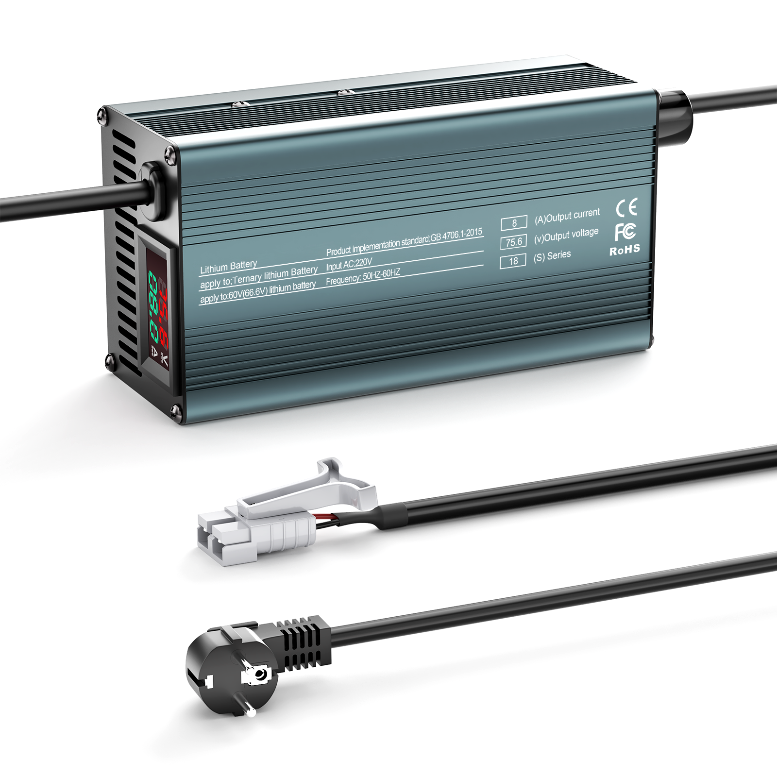 NOEIFEVO 75.6V 8A 18S Lithiumbatterijlader voor 18S 66.6V Li-ionbatterijen, stroominstelling 1-8A, langzaam opladen en snel opladen (MLC1300)