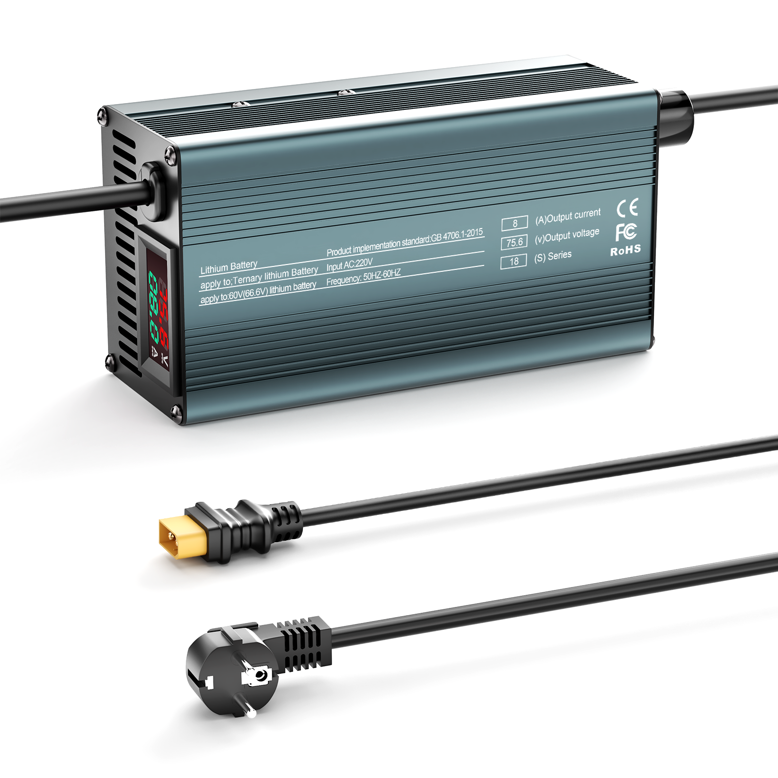 NOEIFEVO 75.6V 8A 18S Lithiumbatterijlader voor 18S 66.6V Li-ionbatterijen, stroominstelling 1-8A, langzaam opladen en snel opladen (MLC1300)