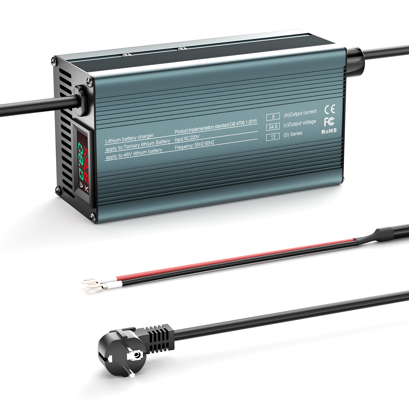 NOEIFEVO 54.6V 8A 13S Lithium-batterilader til 13S 48.1V Li-Ion batterier, strømjustering 1-8A, langsom og hurtig opladning (MLC1300)