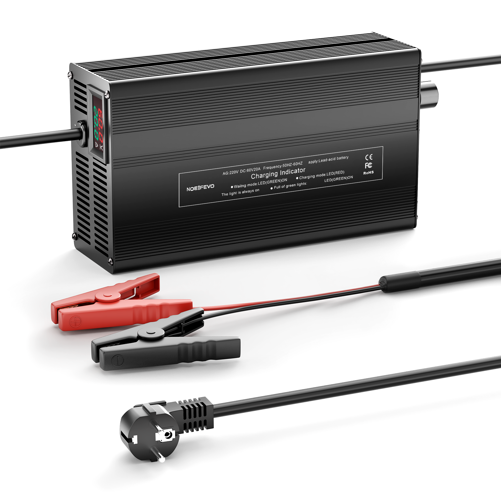 NOEIFEVO 60V 1A-20A Strøm Justerbart Batterioplader til Blysyre Batterier, AGM, Gel, Golfvogn Batterioplader, LED Skærm