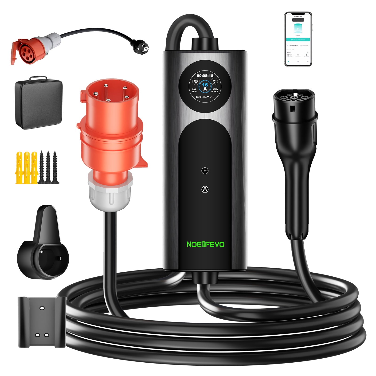 NOEIFEVO 2026 Pro Mobile Wallbox 11kw mit app, e auto CEE 16A auf Typ 2 Ladekabel, 3-phasig EV Ladegerät für Allen EVs(IEC 62196-2) & PHEVS