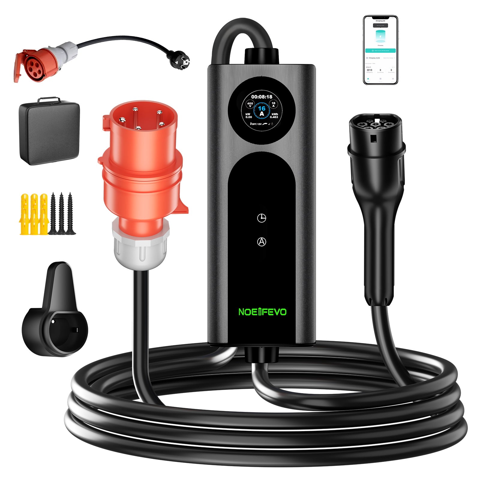 NOEIFEVO 2026 Pro siirrettävä seinälatauslaite 11 kW, sovellus, sähköauton CEE 16A - Type 2 -latauskaapeli, 3-vaiheinen EV-laturi kaikille EV:ille (IEC 62196-2) ja PHEV:ille