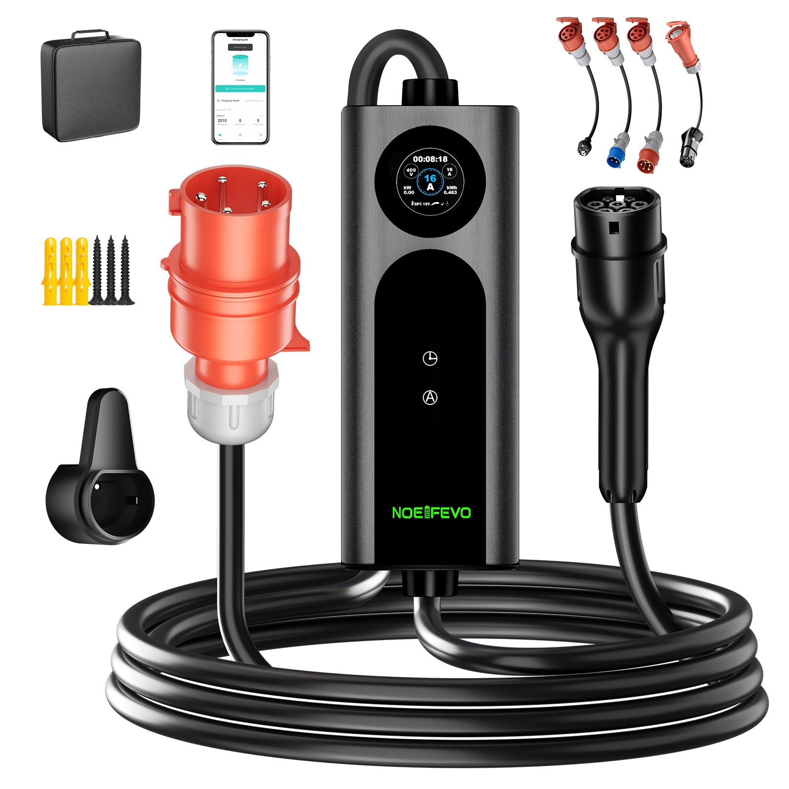 NOEIFEVO 2026 Pro siirrettävä seinälatauslaite 11 kW, sovellus, sähköauton CEE 16A - Type 2 -latauskaapeli, 3-vaiheinen EV-laturi kaikille EV:ille (IEC 62196-2) ja PHEV:ille