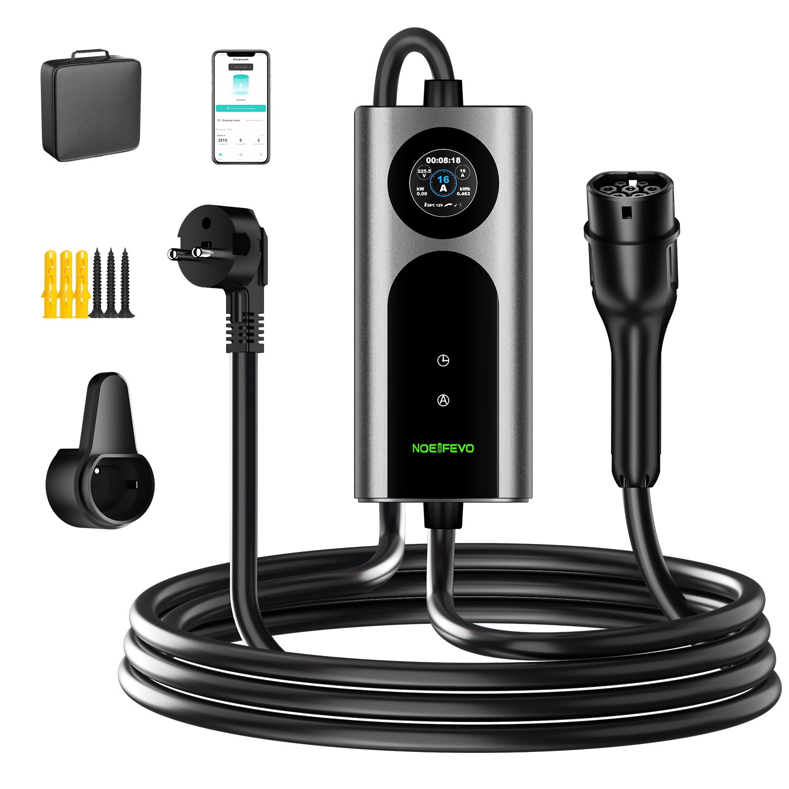 NOEIFEVO CY01 Typ 2 latauskaapeli Schuko 220V, 3,7kW mobiili seinälatauslaite sovelluksella, 6–16A 1-vaiheinen latauskaapeli sähköautoille (IEC 62196-2) & PHEV:ille