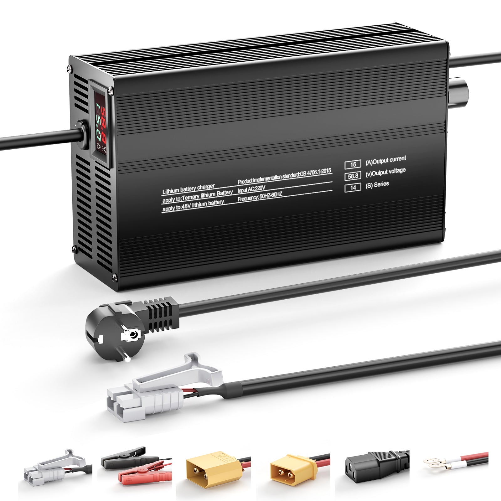 NOEIFEVO 48V 14S 51V 52V Lithium-Batterieladegerät, Ausgangsspannung 58.8V, Stromeinstellung 1–15A, langsames Laden und schnelles Laden (MLC1300)