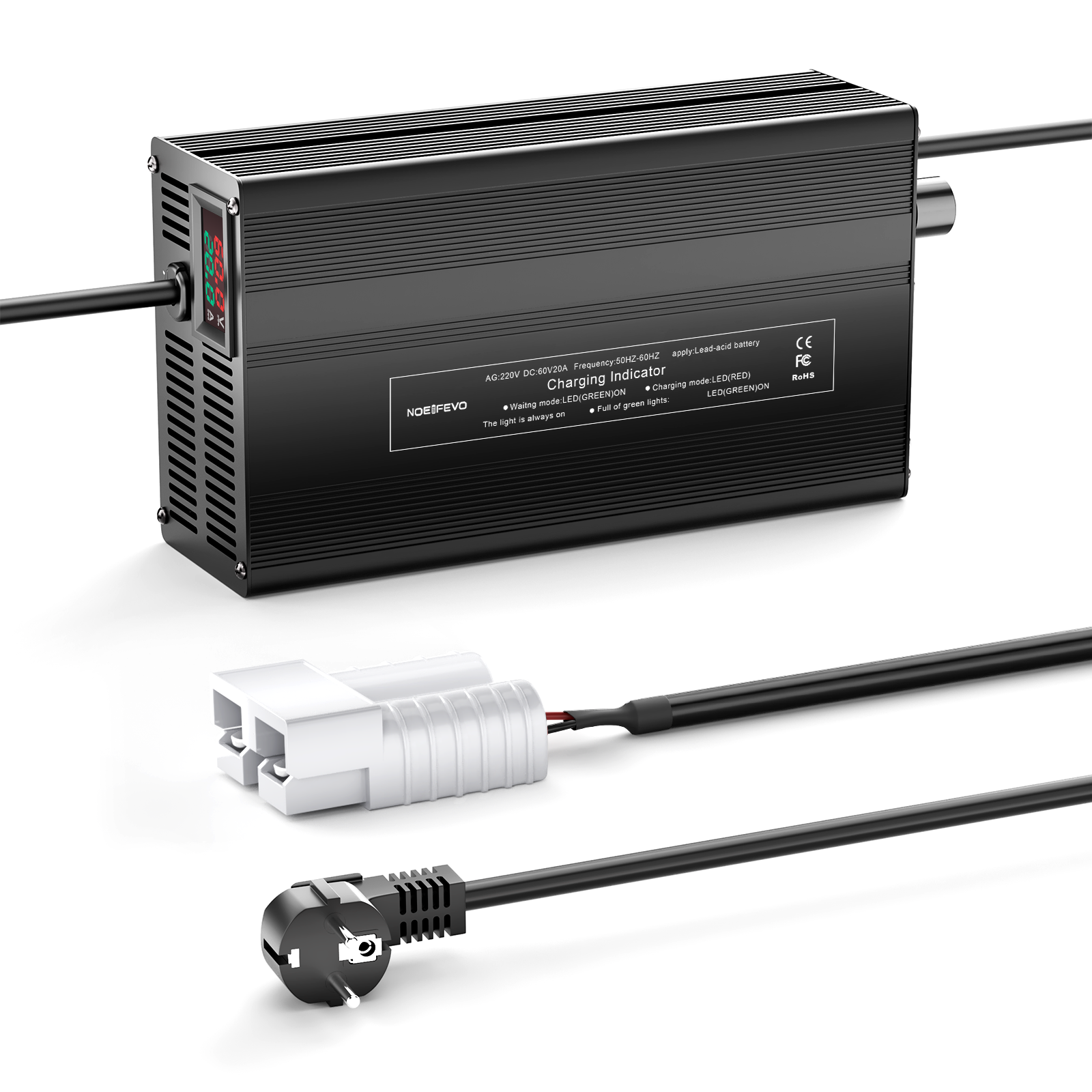 NOEIFEVO 60V 1A-20A Strøm Justerbart Batterioplader til Blysyre Batterier, AGM, Gel, Golfvogn Batterioplader, LED Skærm