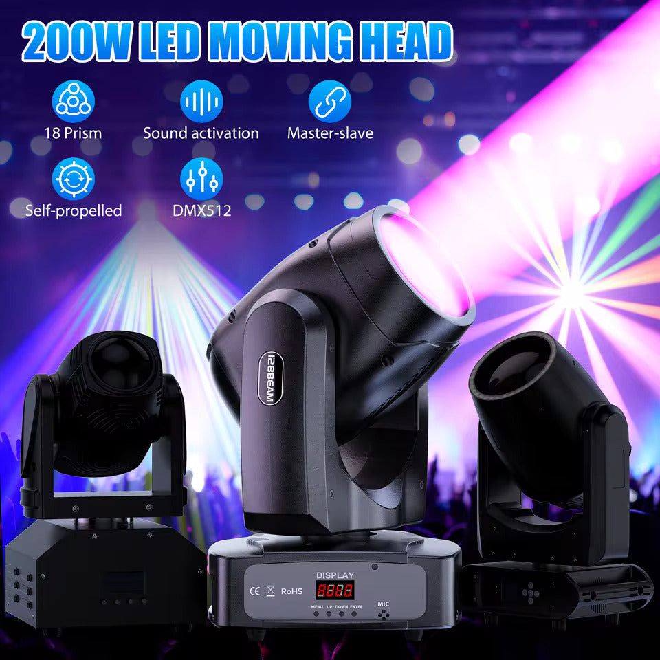 200W LED Beam moving head schijnwerper, 18 prisma's kleurprojector voor podiumverlichting, effectprojector voor bars, verjaardagsfeesten, clubs, KTV's, concerten en theaters