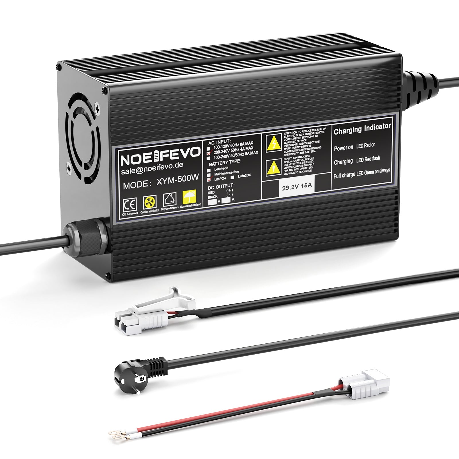 Noeifevo 29,2 V 15 A LiFePO4 Caricabatterie per batteria al litio 24 V 25,6 V, attivazione BMS 0 V, spegnimento automatico con protezione completa