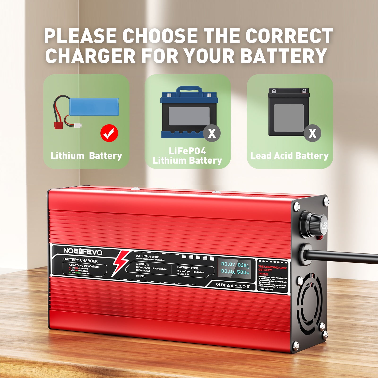 NOEIFEVO 12V 20A Blybatteriladdare, Laddspänning 13,8V-14,7V, automatisk avstängning, OLED-display, aluminiumhölje, med fläkt