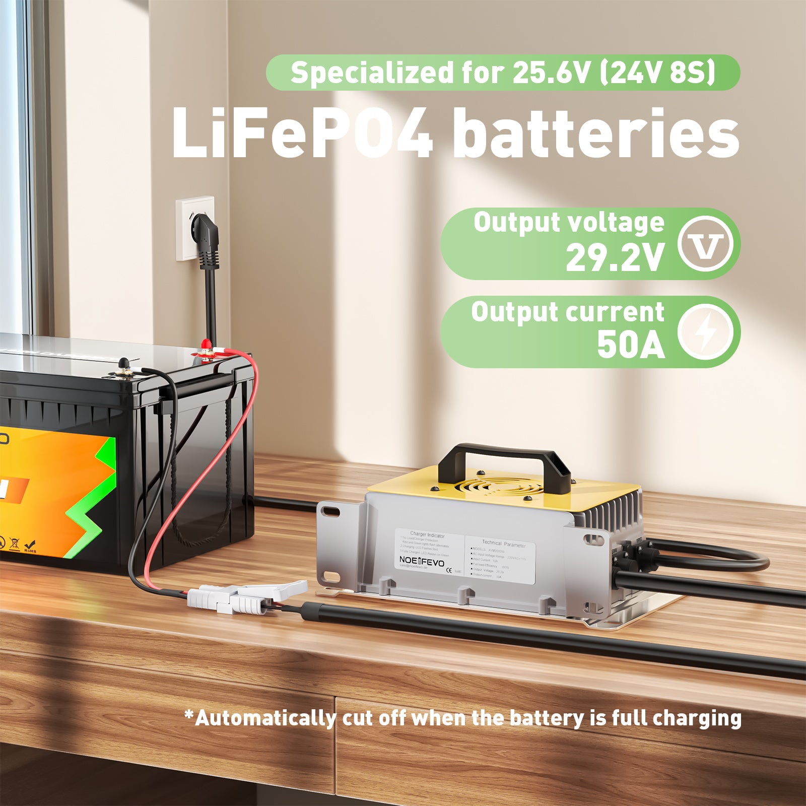 NOEIFEVO 29.2V 50A LiFePO4 nabíjačka pre 24V 25.6V LiFePO4 batérie, vodotesná, 0V BMS aktivácia