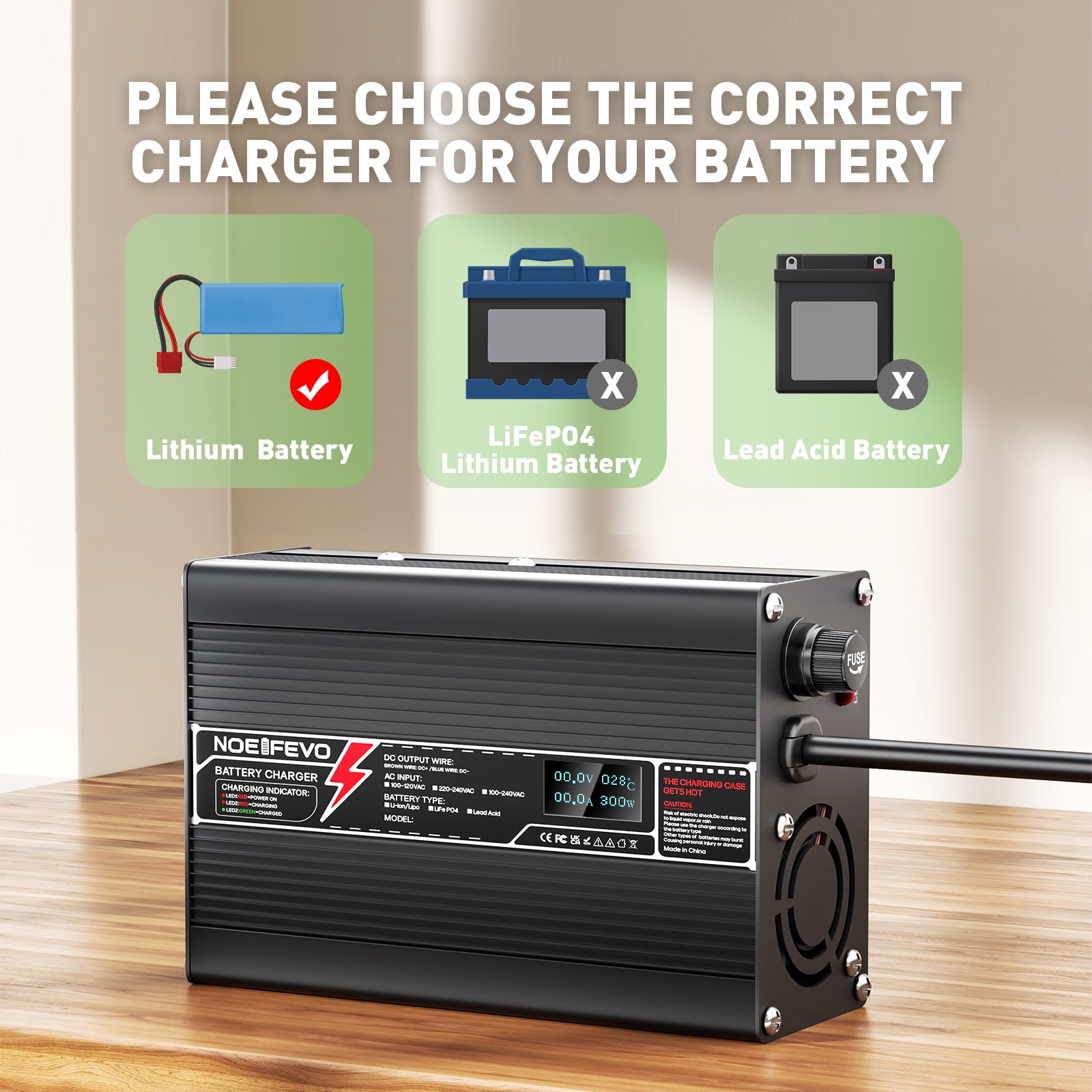 NOEIFEVO 33.6V 2A 3A 4A 5A Lithium-Ladegerät til 8S 29.6V Li-Ion Lipo-batterier, kølevifte, automatisk slukning (SORT)