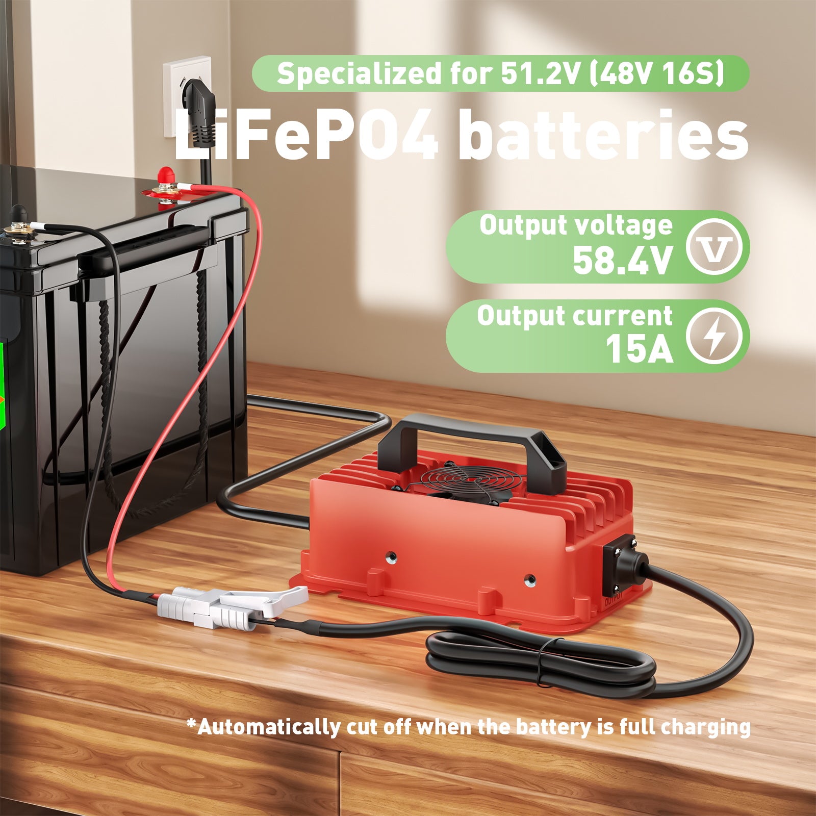 NOEIFEVO 58,4V 15A vattentät LiFePO4 batteriladdare för 51,2V(48V) 16S LiFePO4 batteri