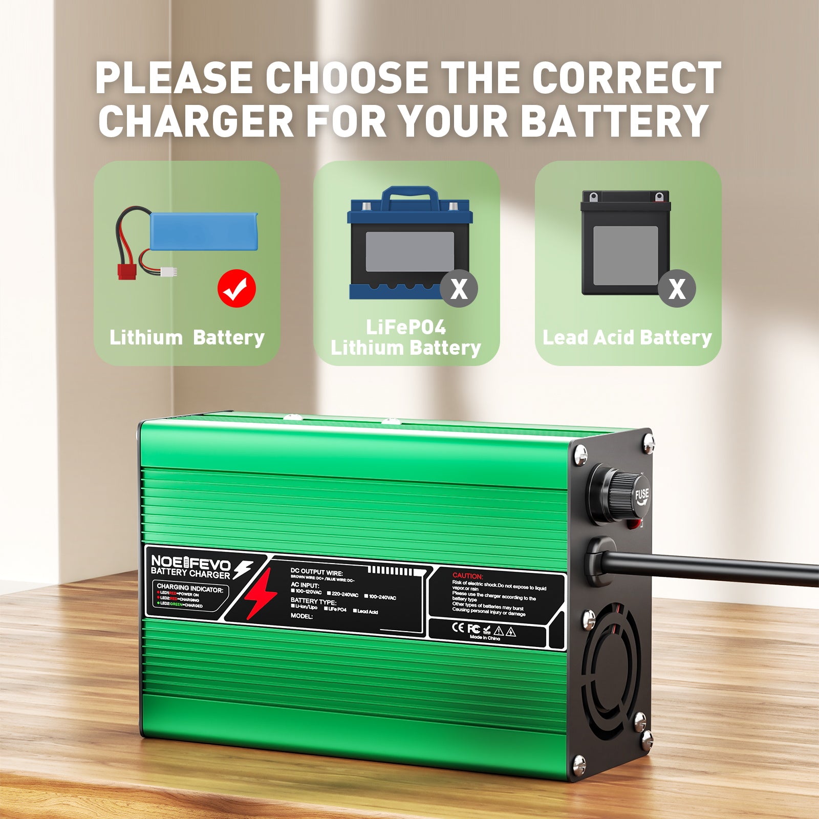 NOEIFEVO 46,2V  2A 3A 3.5A 4ALithium-oplader til 11S 40,7V Li-Ion Lipo-batterier, køleventilator, automatisk afbrydelse (GRØN)