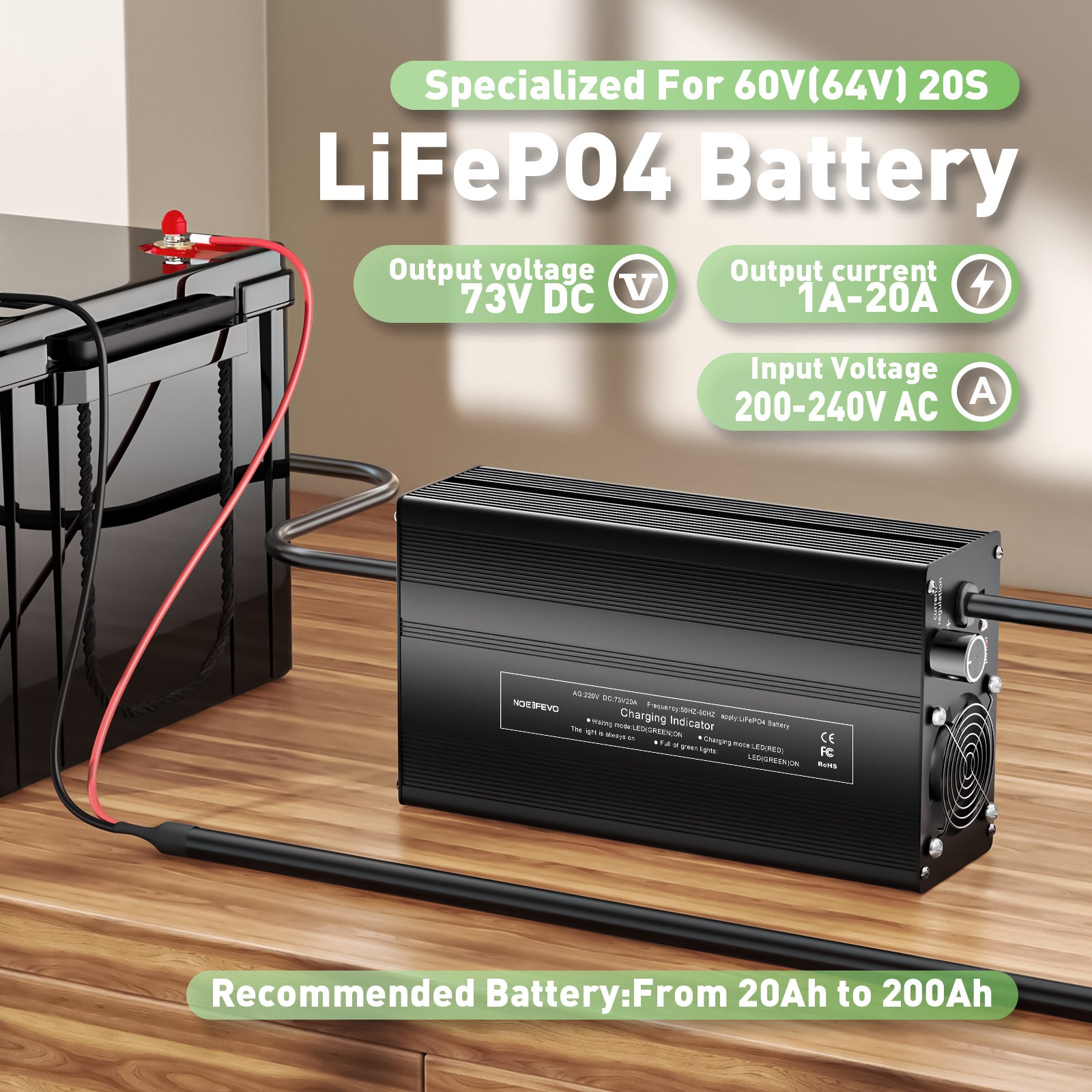 NOEIFEVO 73V 20A Nabíjačka batérií Lithium-LiFePO4 pre batérie LiFePO4 60V 64V 20S, s LCD displejom, nastaviteľný prúd, nabíjačka pre trollingové motory, člny a karavany