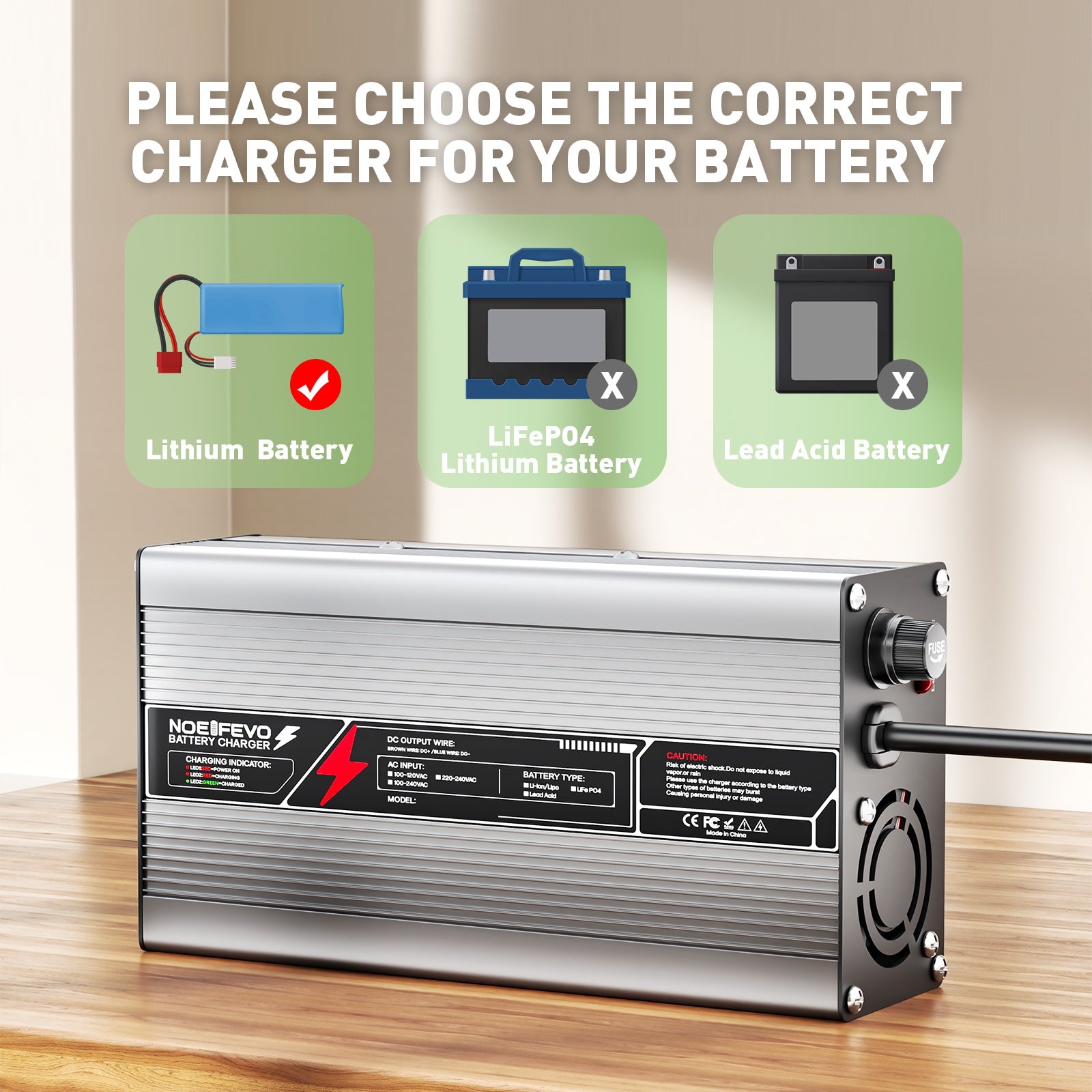 NOEIFEVO 16,8V 20A lithiumbatterioplader til 14,8V 4S batteri Auto Power Off Aluminiumskasse med blæser (sølv)