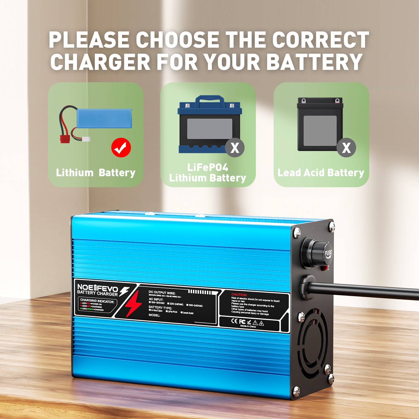 NOEIFEVO 43,8V 6A LiFePO4 Batterieladegerät für 38,4 V 12S LiFePO4-Batterie, automatische Abschaltung, Aluminiumgehäuse, E-Bike-Roller, Elektromotorrad