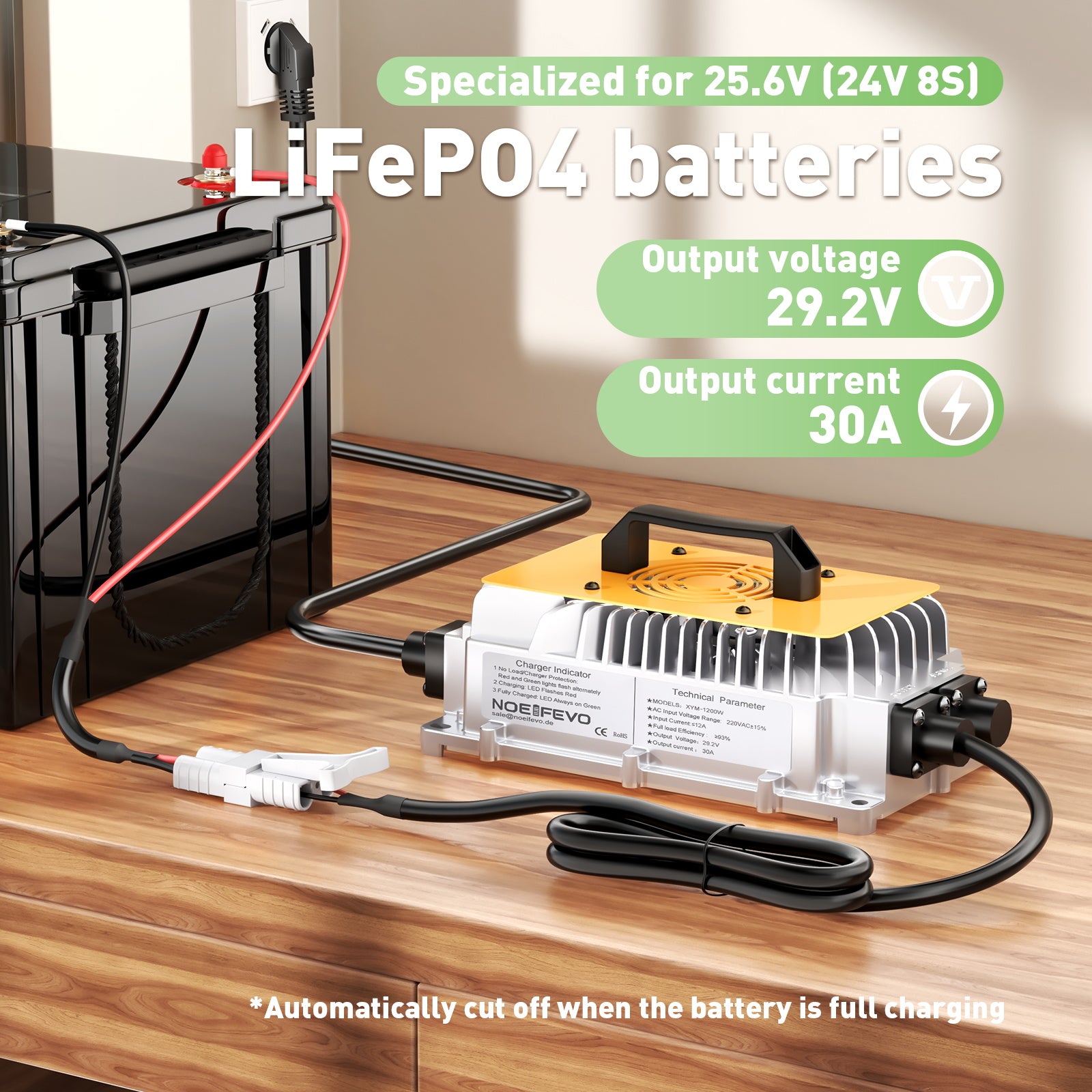 Noeifevo 29,2 V 30 A LiFePO4 Caricabatterie  per batteria al litio 24 V 25,6 V, impermeabile, attivazione BMS 0 V, spegnimento automatico