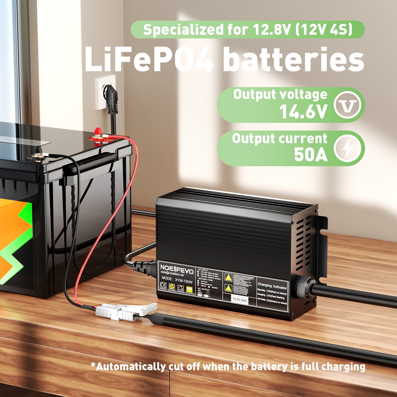 Noeifevo 14.6V 50A Snelle Lithium LiFePO4 Batterijlader voor 12V (12.8V) LiFePO4 Batterij, 0V BMS Activering, Automatische Uitschakeling met Volledige Bescherming