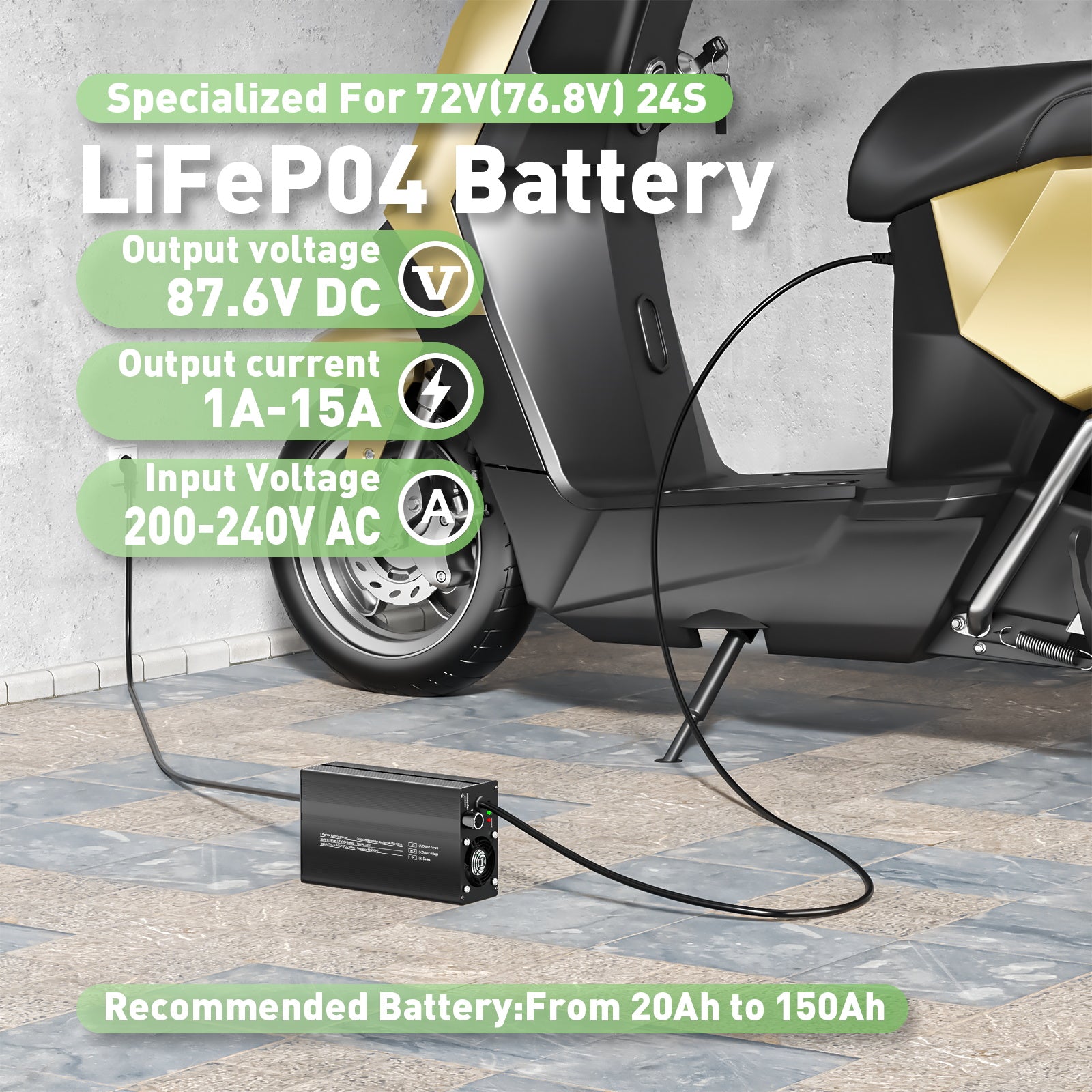 NOEIFEVO 87.6V 15A 24S LiFePO4 Lithium-Batterieladegerät, för 24S 76.8V Li-Ion-batterier, Stromeinstellung 1–15A, langsames Laden und schnelles Laden (MLC1300)