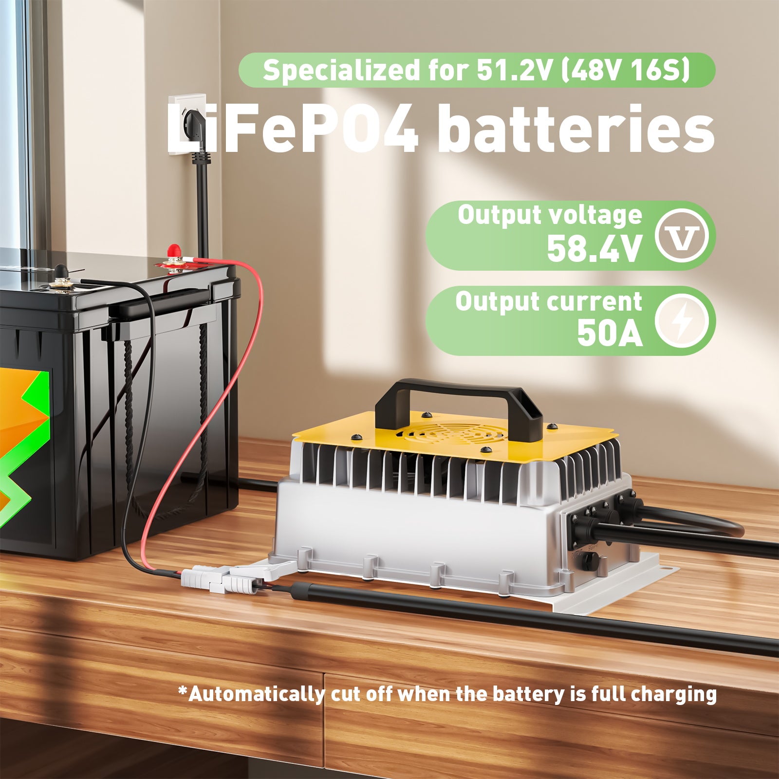 NOEIFEVO 58.4V 50A LiFePO4 batterioplader til 51.2V (48V) 16S LiFePO4 batteri, vandtæt, 0V BMS aktiveret