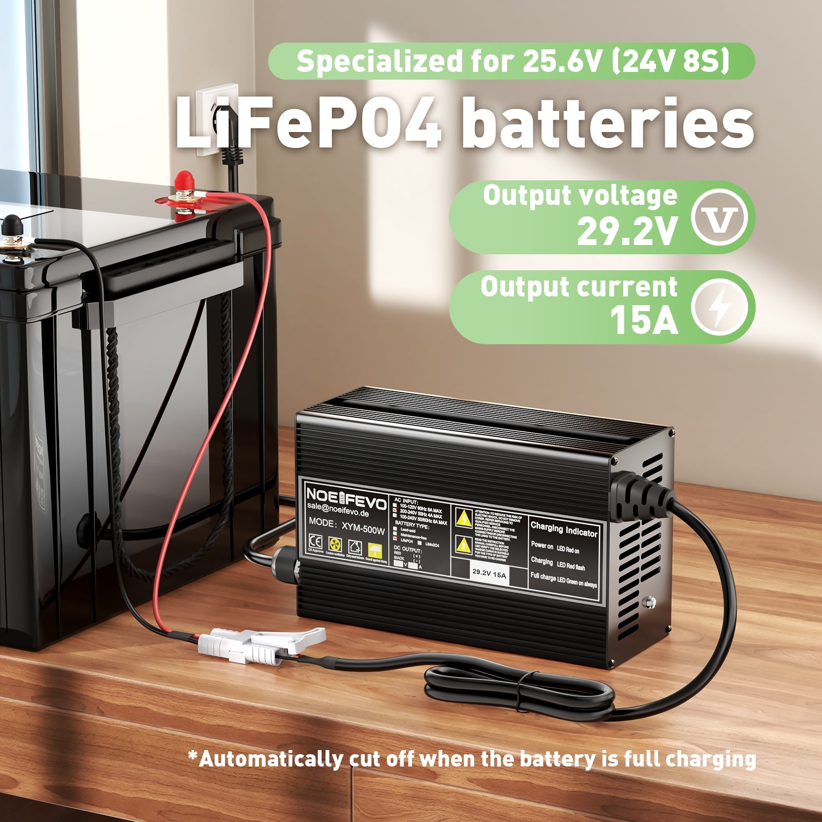 Noeifevo 29,2 V 15 A LiFePO4 Caricabatterie per batteria al litio 24 V 25,6 V, attivazione BMS 0 V, spegnimento automatico con protezione completa