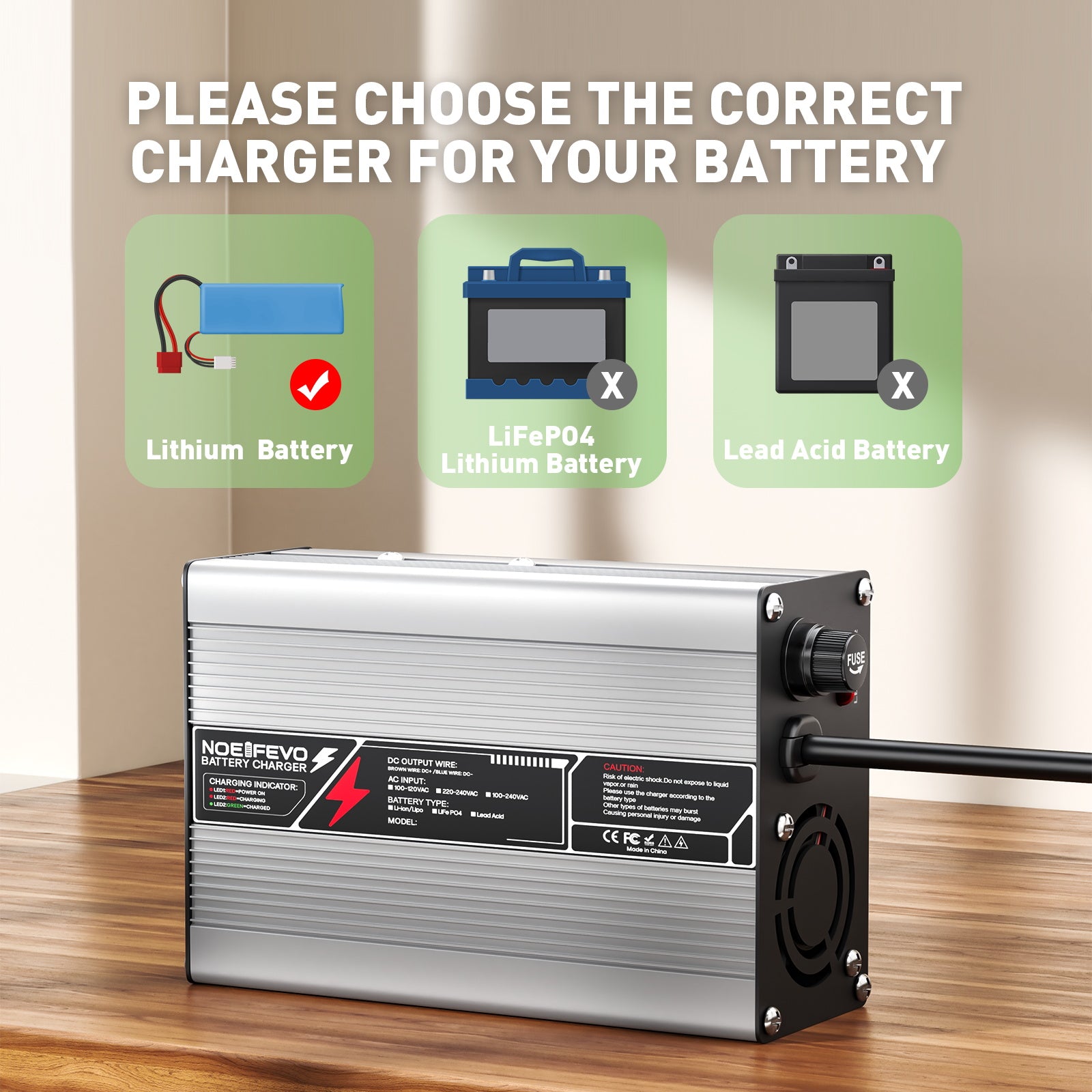 NOEIFEVO 36,5V 4A LiFePO4 batterioplader til 10S 32V LiFePO4 batteri, med automatisk slukning