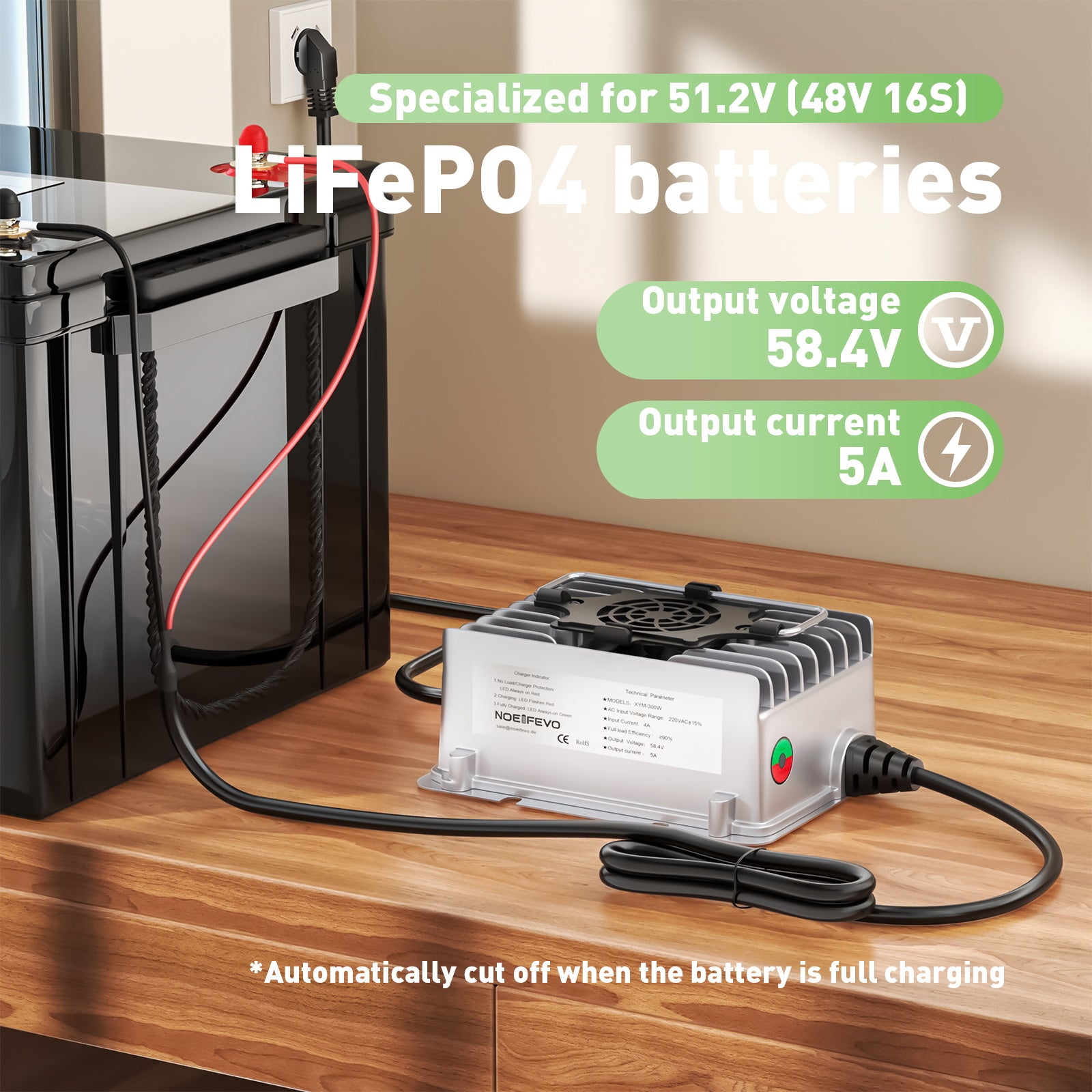 NOEIFEVO 58,4V 5A vattentät LiFePO4 batteriladdare för 51,2V(48V) 16S LiFePO4 batteri