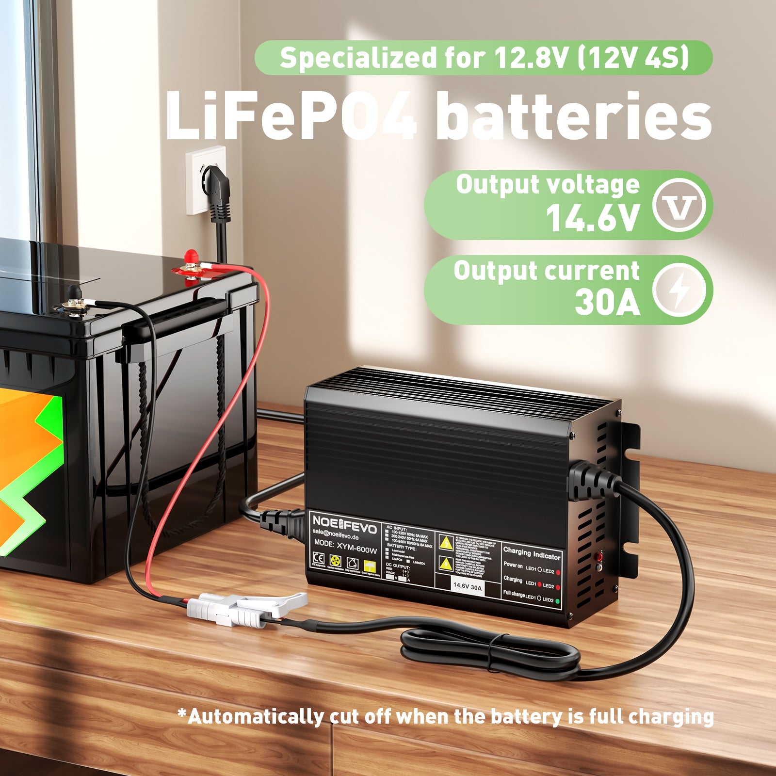 Noeifevo 12V 12.8V 30A Lithium LiFePO4 batterijlader, laadspanning 14.6V, 0V BMS activering, automatische uitschakeling, aluminium behuizing