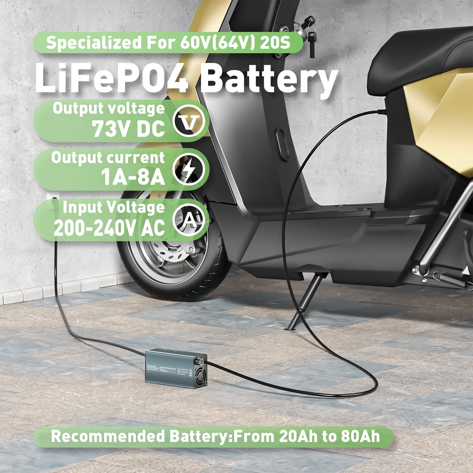 NOEIFEVO 73V 8A Lithium-LiFePO4-batteriladdare för 64V 20S LiFePO4-batteri, LCD-skärm, justerbar ström, laddare för golfbilar, trollingmotorer, båtar och husbilar