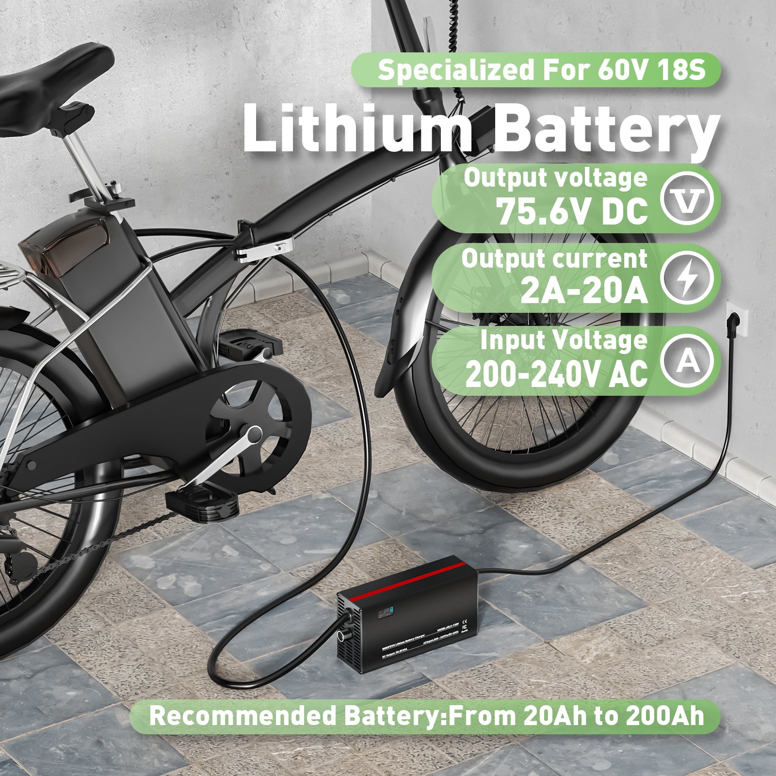 NOEIFEVO 75.6V 2-20A Lithium-baterie nabíječka pro 66.6V 18S Lithium-Li-Ion-Lipo baterii, LCD displej, nastavitelný výkon, nabíječka pro E-bike, skútr, elektrické motocykly