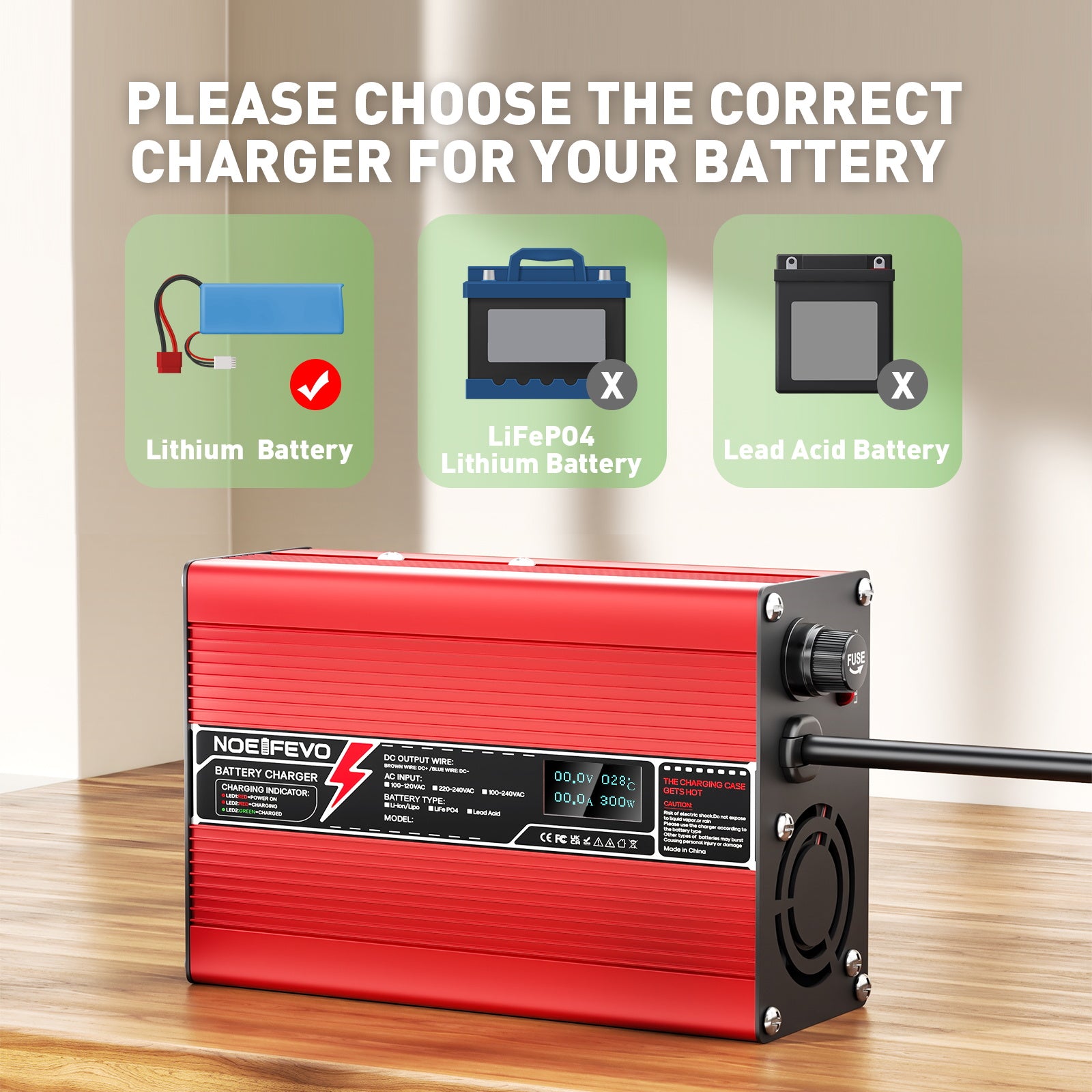 NOEIFEVO 51,2 V 5 A Lithium LiFePO4 batterilader, ladningsspænding 58,4 V, med blæser, aluminiumhus, LCD-skærm