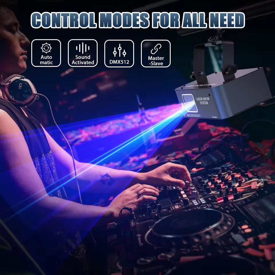 Laser-scene-projektor med RGB-laserskanningseffekter, LED-interiørbelysning for scene – ideell for DJs, diskotek, bursdag- og bryllupsfester. Støtter DMX512 og lydaktiv drift