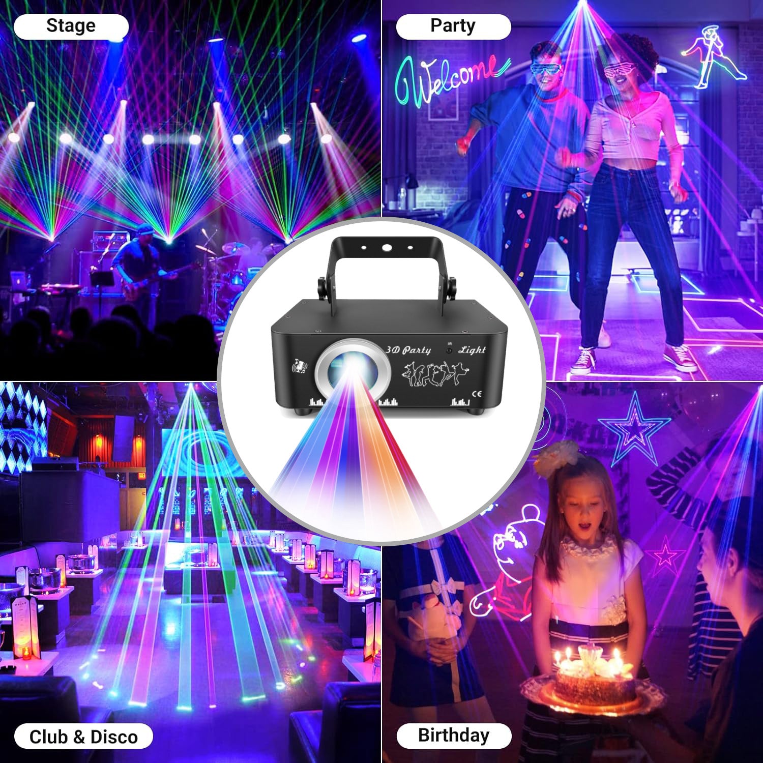 DJ-diskolys partylys, 3D RGB-animasjonsdiskolys med fjernkontroll, partilys med DMX, musikkstyrt beam-effekt scenelys for fest, festival, klubb, scene og show