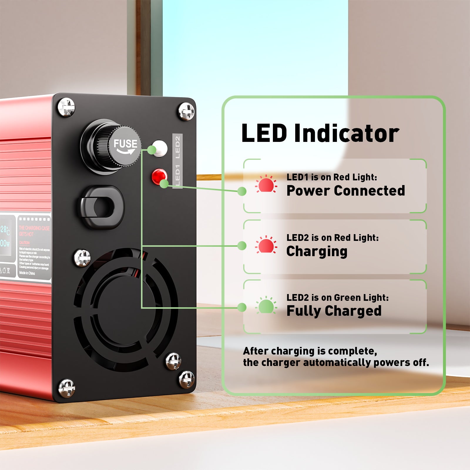 NOEIFEVO 46,2V 4A Lithium-oplader voor 11S 40,7V Li-Ion Lipo-batterijen, ventilator, automatische uitschakeling (ROOD)