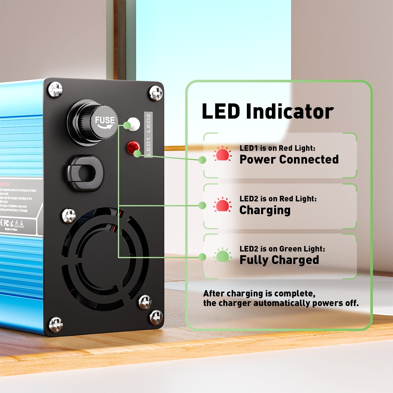 El cargador de batería de litio NOEIFEVO 54.6V 3A para baterías Li-Ion Lipo 13S 48.1V, con ventilador de refrigeración y apagado automático (AZUL).