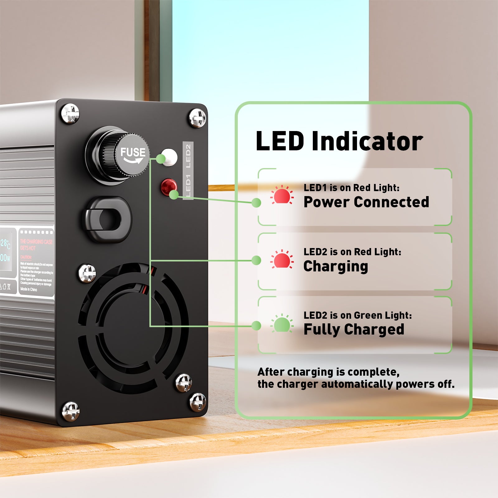 NOEIFEVO 36.5V 4A LiFePO4 batterioplader til 10S 32V LiFePO4 batteri, køleventilator, automatisk slukning (SORT)