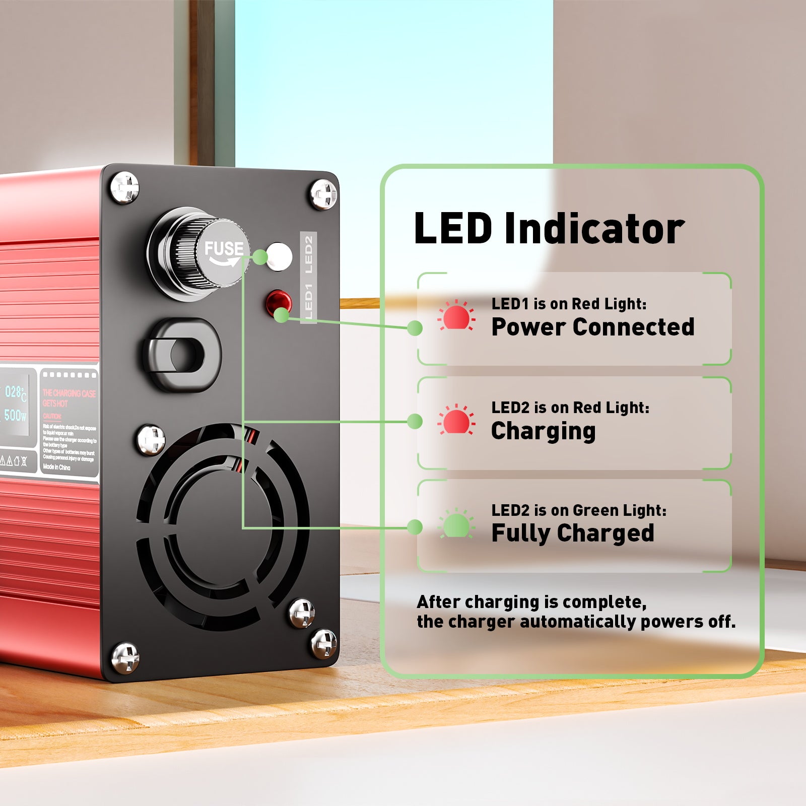 NOEIFEVO 48V 8A Loodzuur Acculader, Laadspanning 55,2V-58,8V, automatische uitschakeling, OLED-display, aluminium behuizing, met ventilator