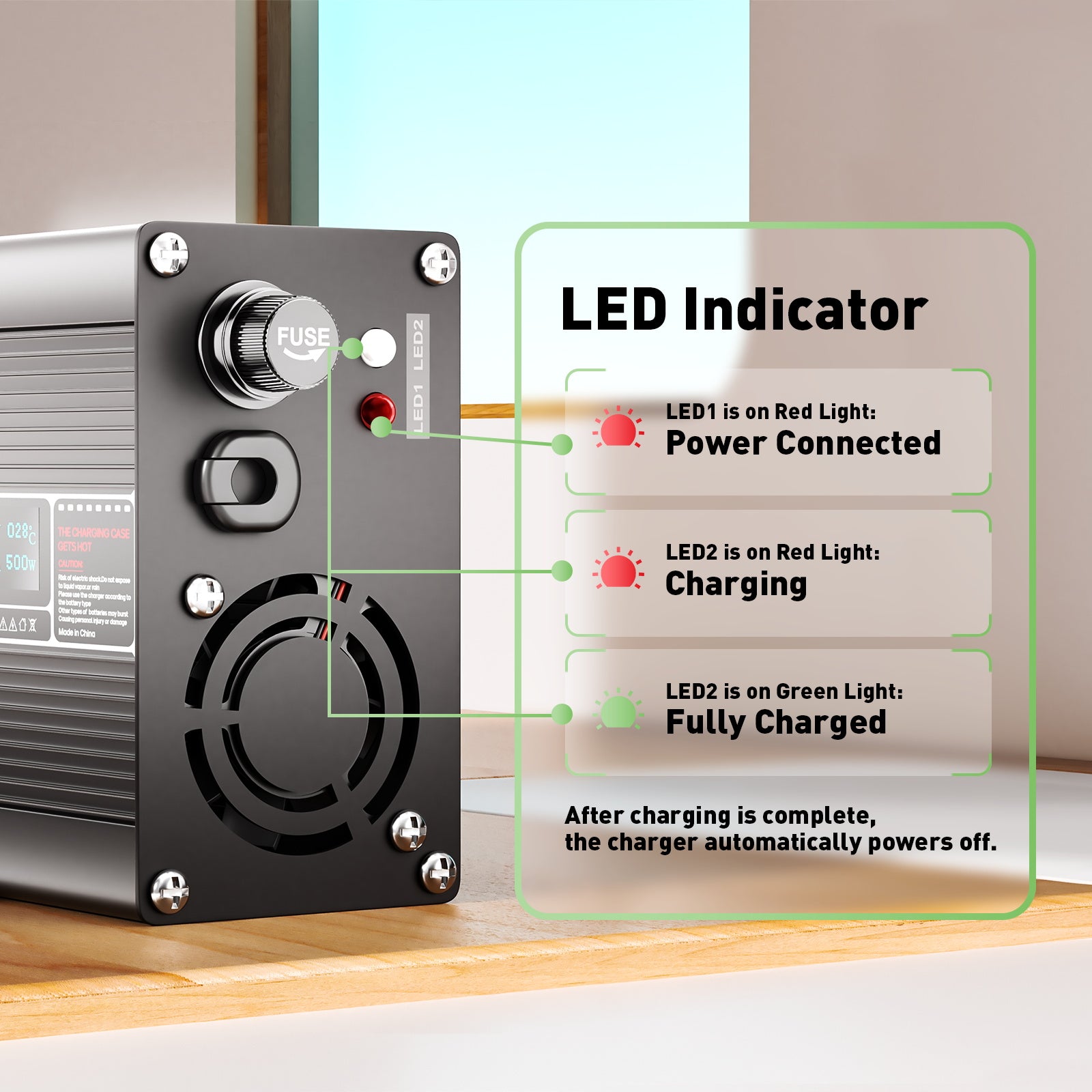 NOEIFEVO 75.6V 6A Litiumladdare för 18S 66.6V batteri, LED-display, aluminiumhus, fläkt