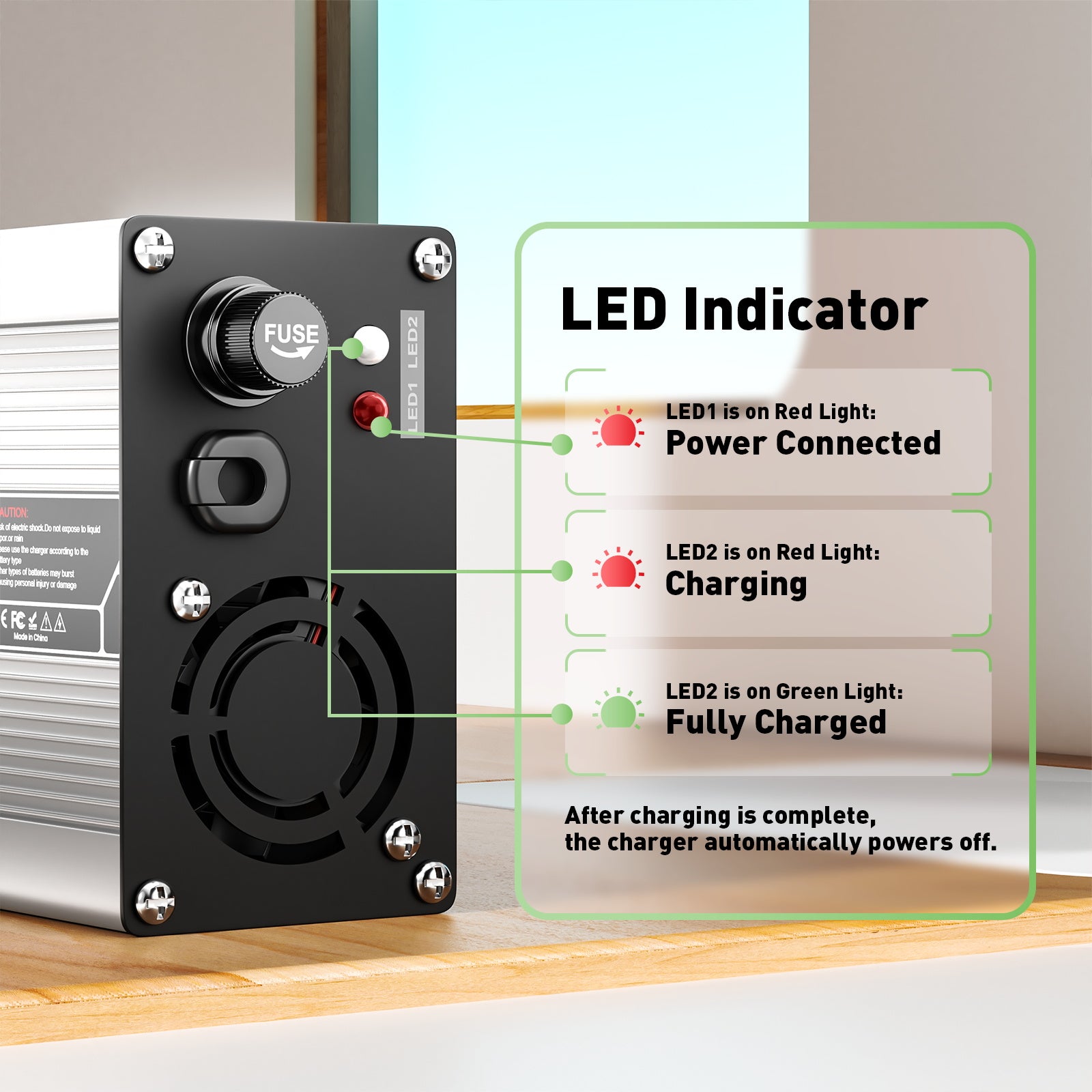 NOEIFEVO 50,4V 3A Lithium-Oplader til 12S 44,4V Li-Ion Lipo-batterier, med køleventilator og automatisk afbrydelse.