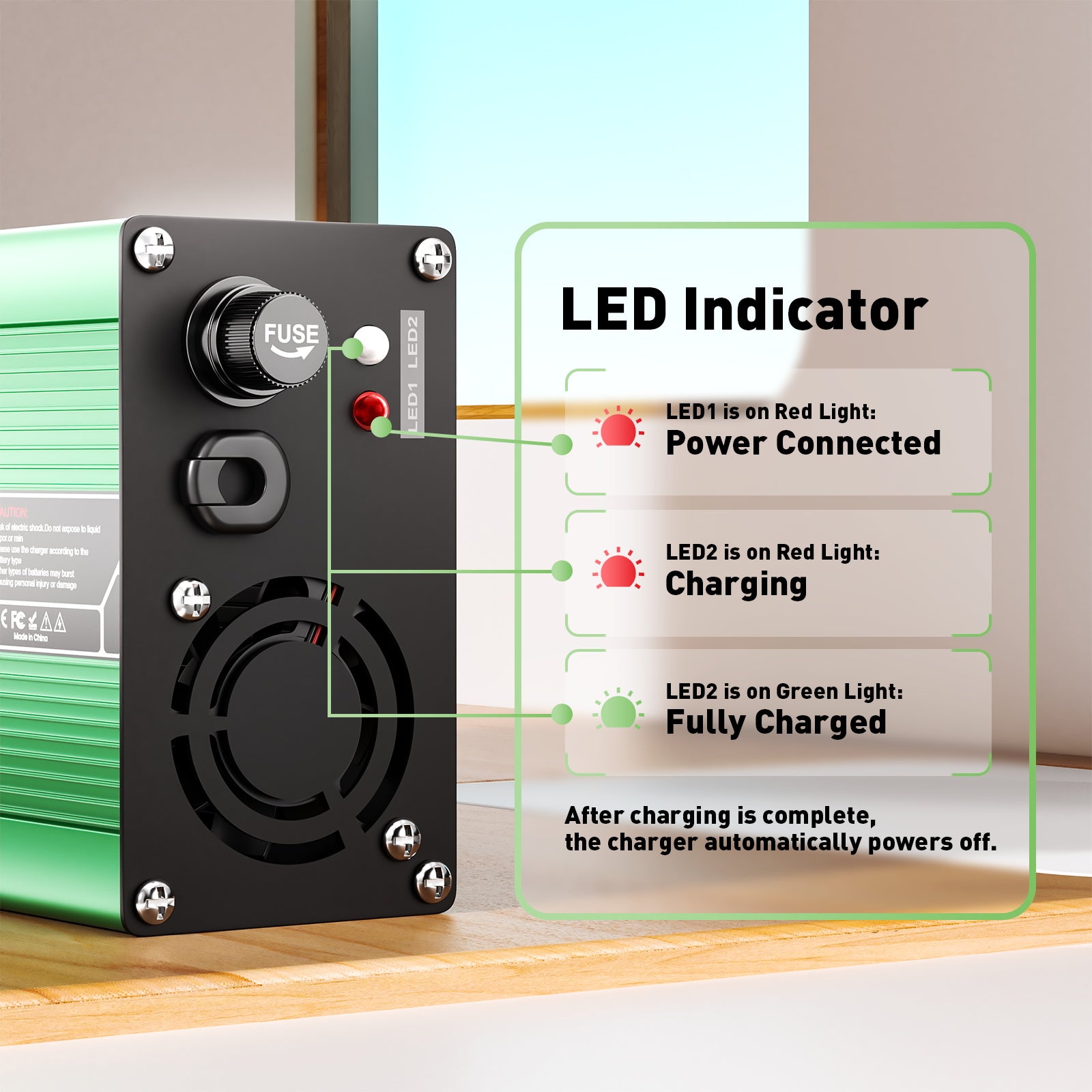 NOEIFEVO 50.4V 2A 2.5A 3A Li-Ion Nabíjačka pre 12S 44.4V Li-Ion Lipo Batérie, Chladiaci ventilátor, Automatické vypnutie (ZELENÁ)