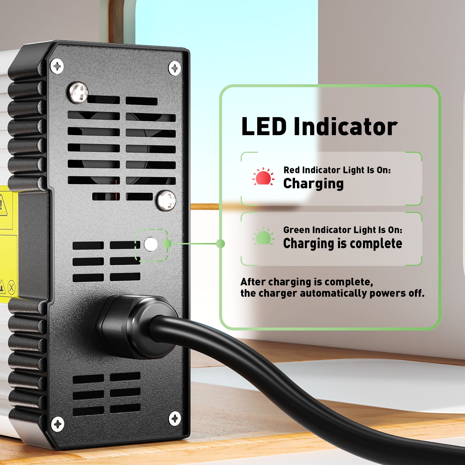 Caricabatterie NOEIFEVO 73V 5A LiFePO4 per batteria LiFePO4 60V 64V 20S, con ventola di raffreddamento, spegnimento automatico.