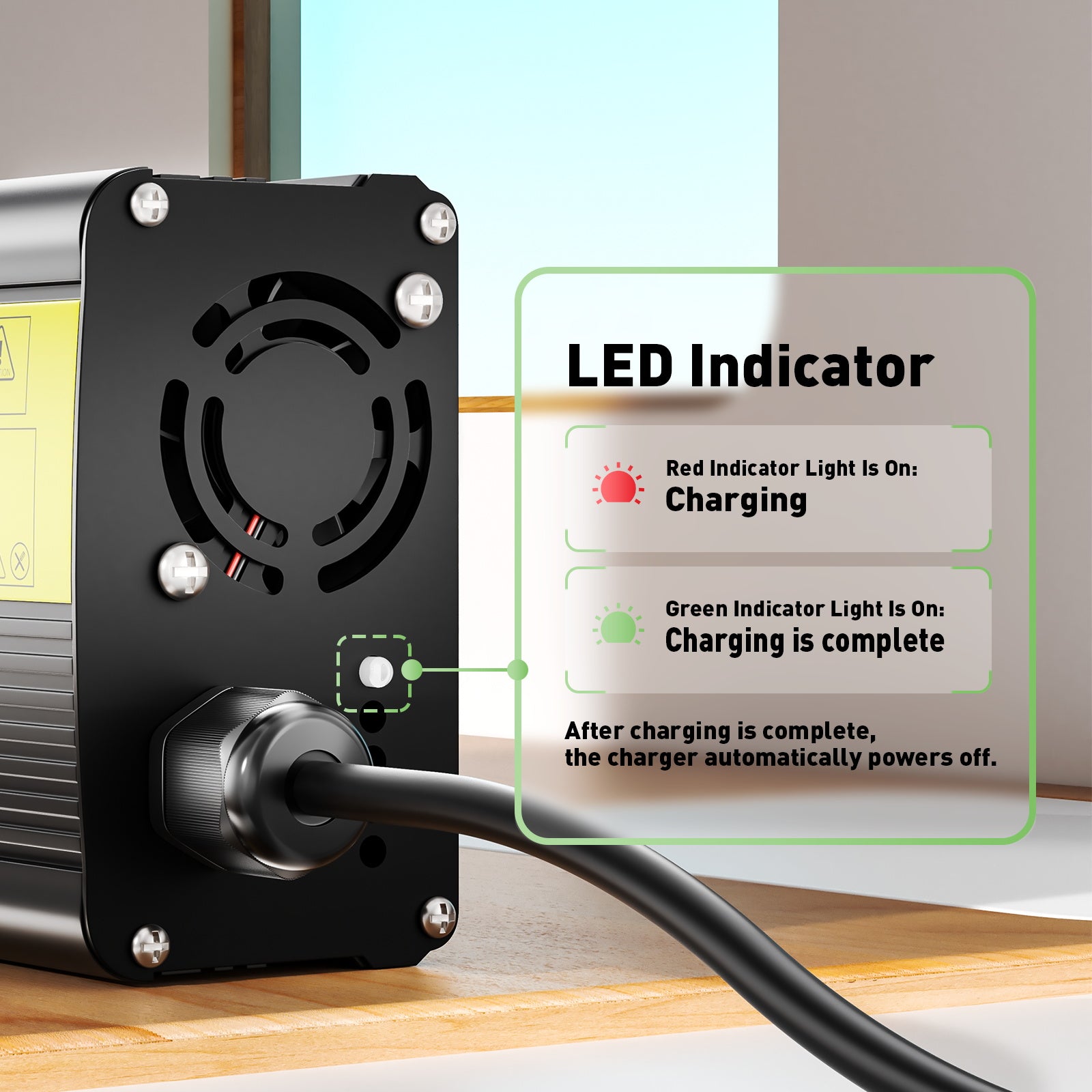 Caricatore a batteria al litio NOEIfevo 4.2V 12A per batteria al litio da 3,7 V 1S, caricabatterie per motociclisti elettrici scooter e-bike.