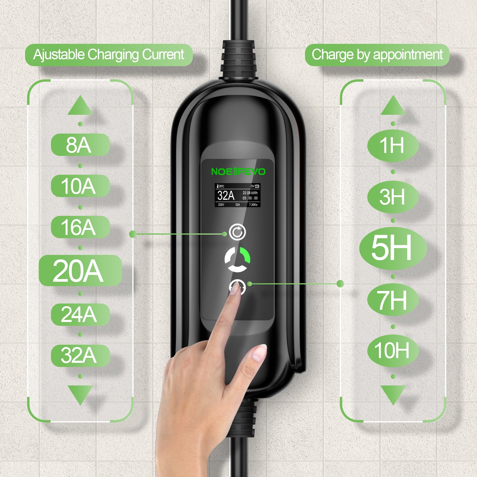 Cabo de carregamento de veículos eléctricos NOEIFEVO 7.2KW, carregador de veículos eléctricos tipo 2 32A 1 fase, estação de carregamento de EVSE móvel com ficha azul CEE