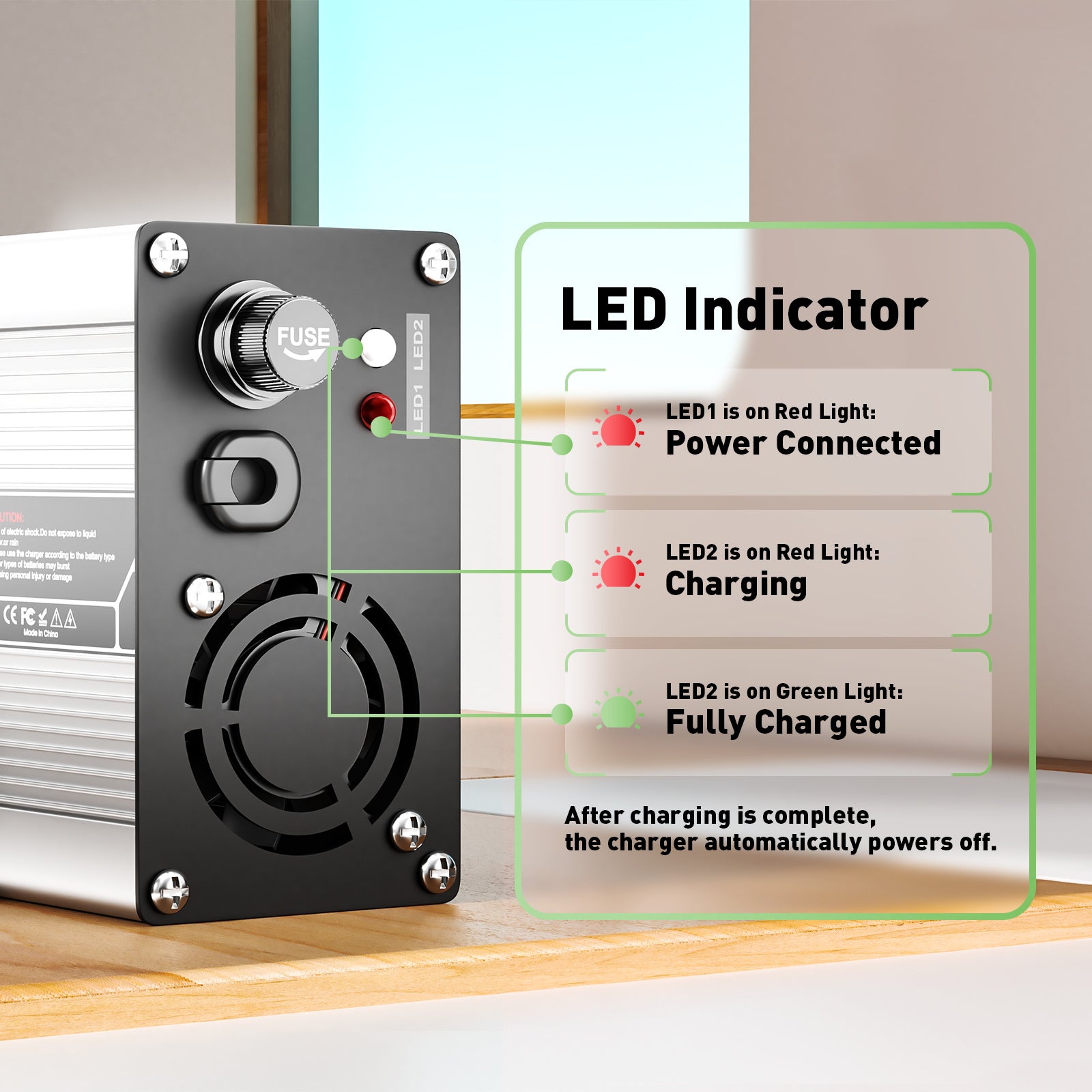 Nabíječka olověných baterií NOEIFEVO 24V 15A, nabíjecí napětí 27,6V-29,4V, automatické vypínání, hliníkový kryt, s ventilátorem